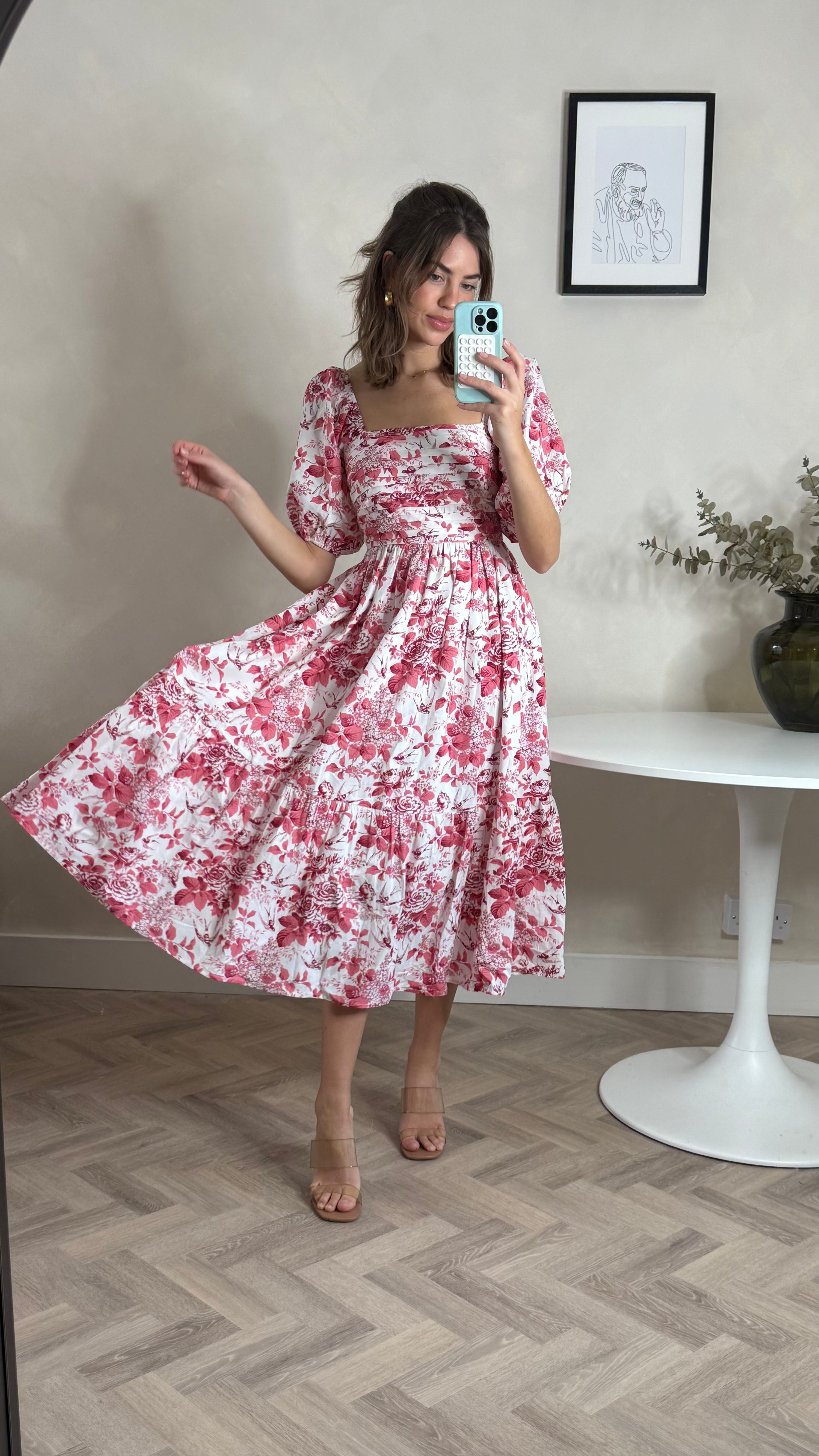 Leighton Puff Sleeve Midi Dress in Pink Floral