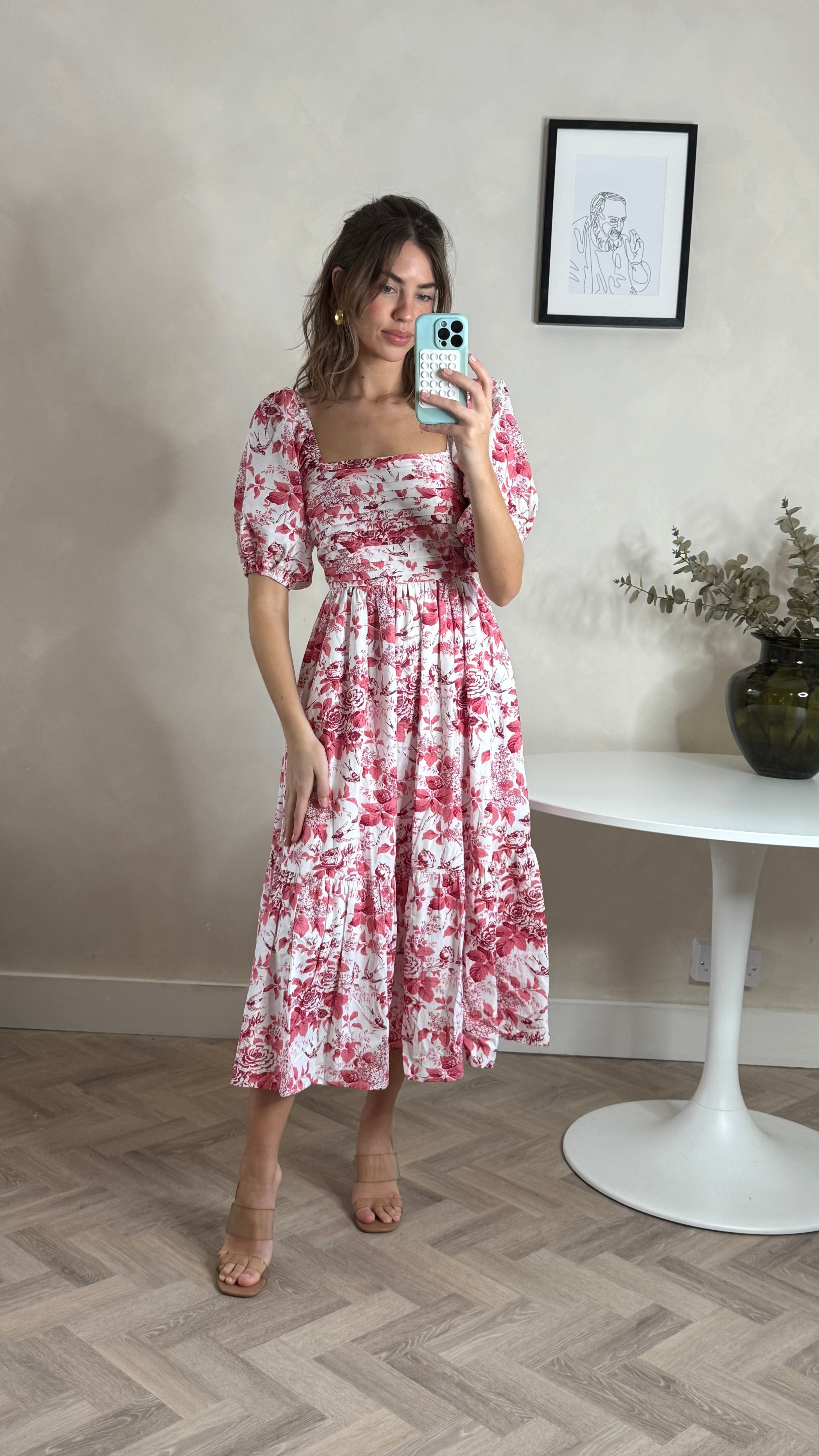 Leighton Puff Sleeve Midi Dress in Pink Floral