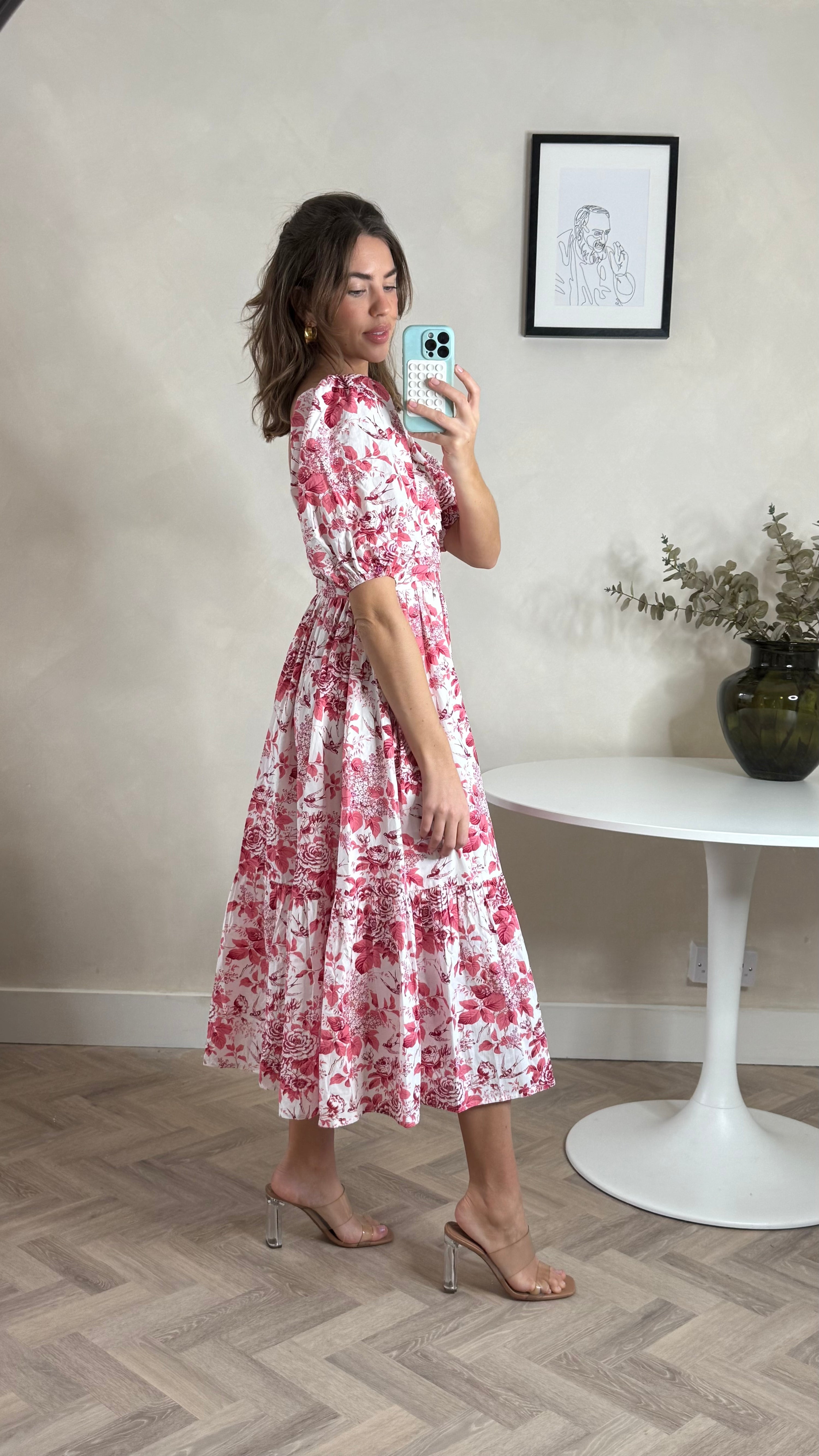 Leighton Puff Sleeve Midi Dress in Pink Floral