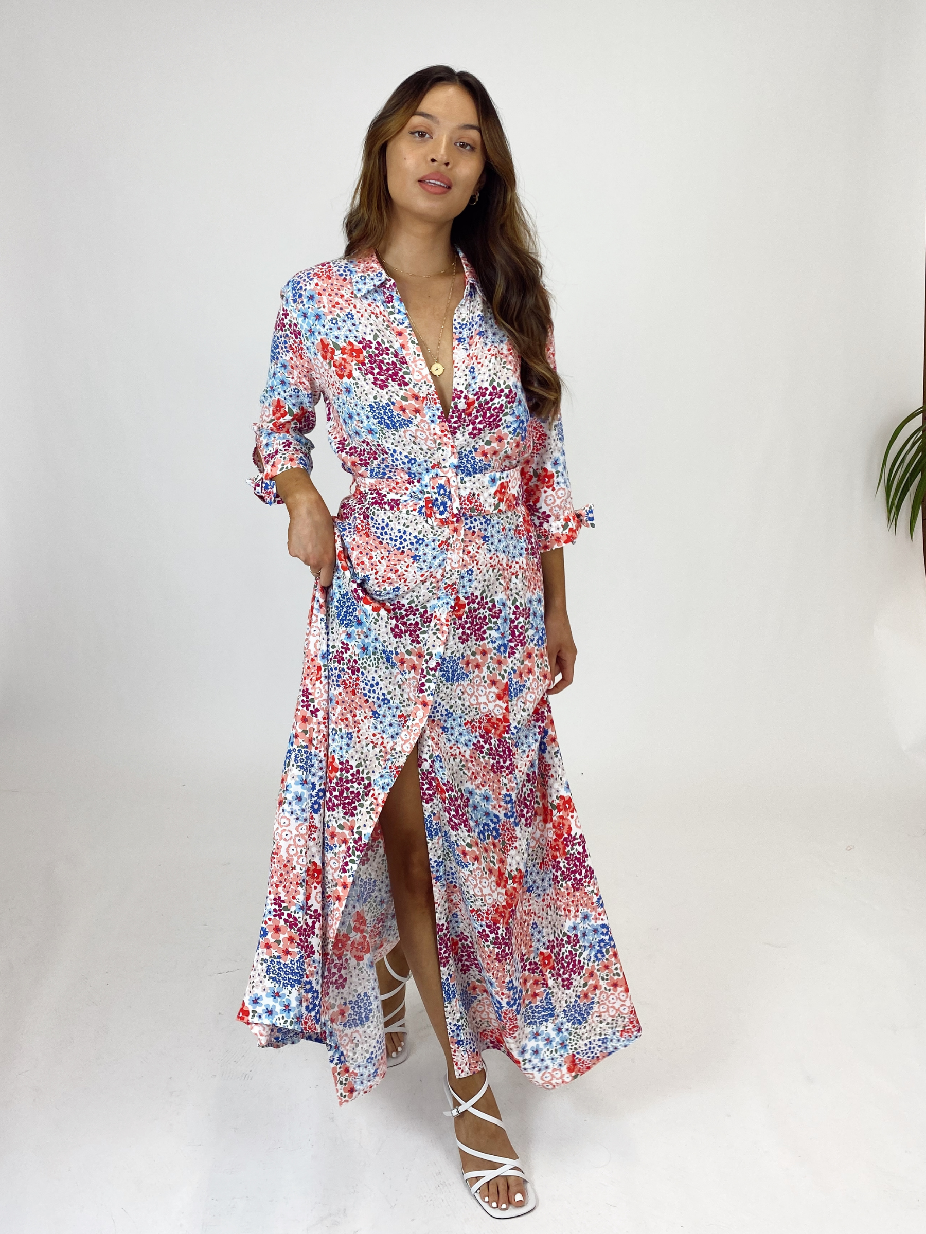 Daphne Belted Shirt Dress / Multi Floral Print