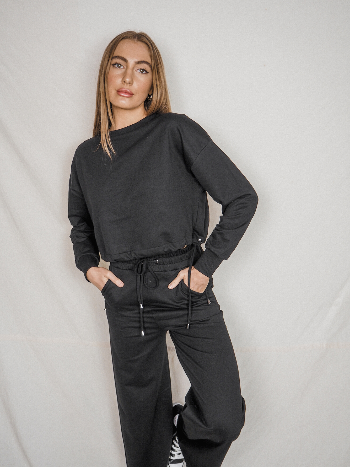 Black Cropped Sweatshirt | Kylie Black Cropped Tie Sweatshirt