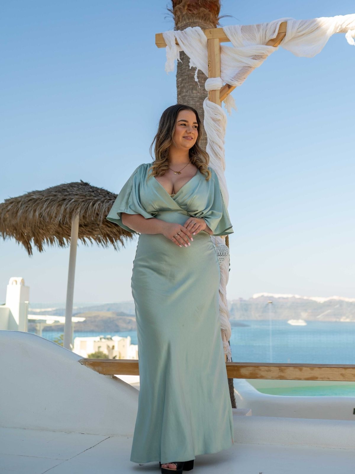 Angel Sleeve Maxi Satin Dress / Sage