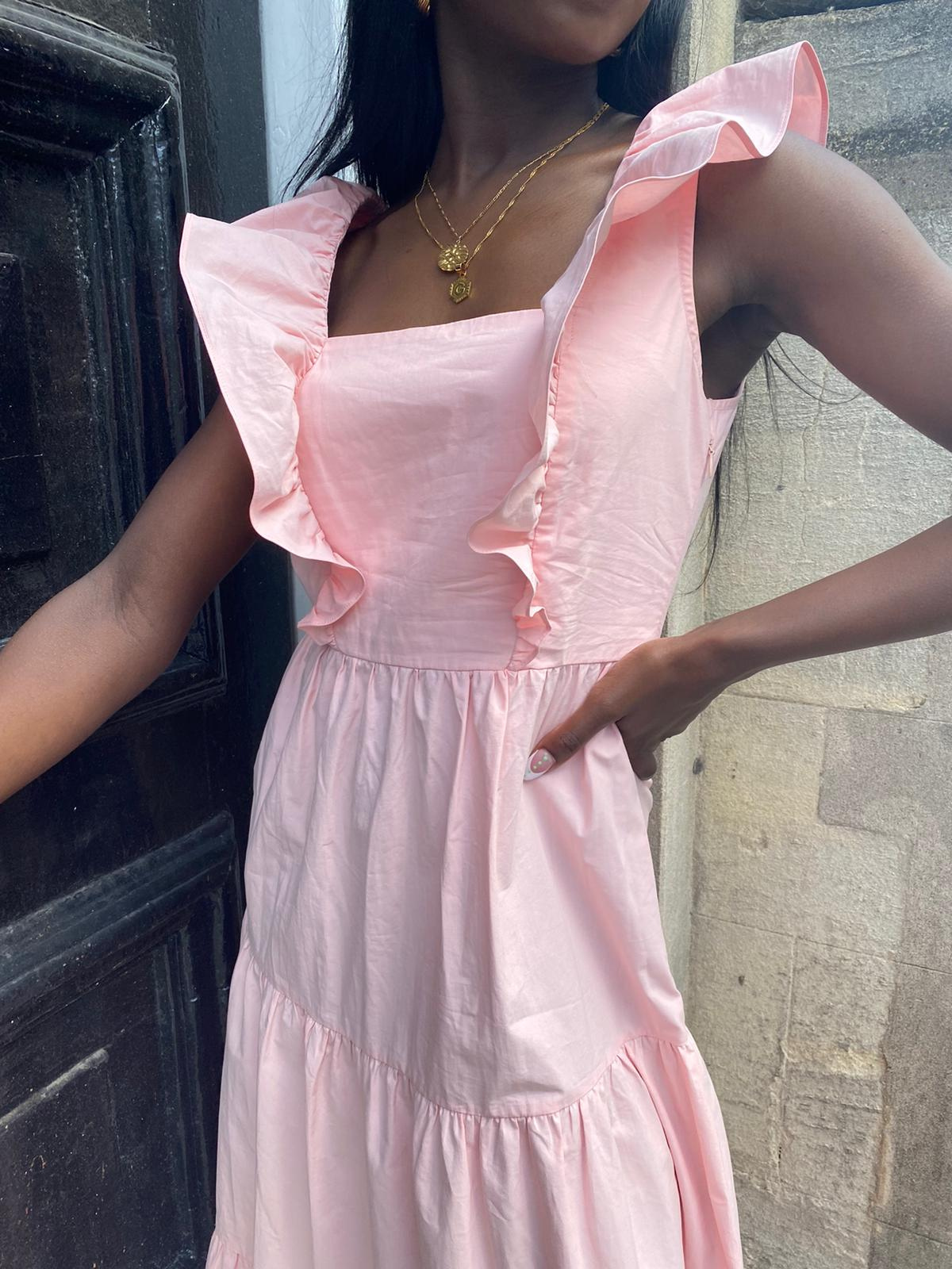 Mollie Pink Cotton Ruffle Tiered Midi Dress
