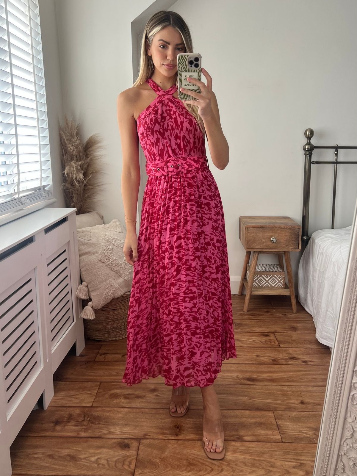Paige Halter Pleated Belted Dress / Pink Animal