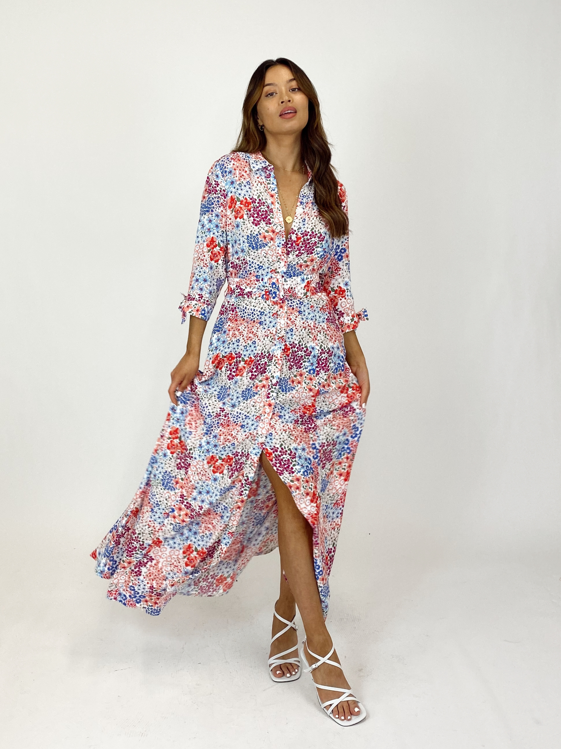 Daphne Belted Shirt Dress / Multi Floral Print