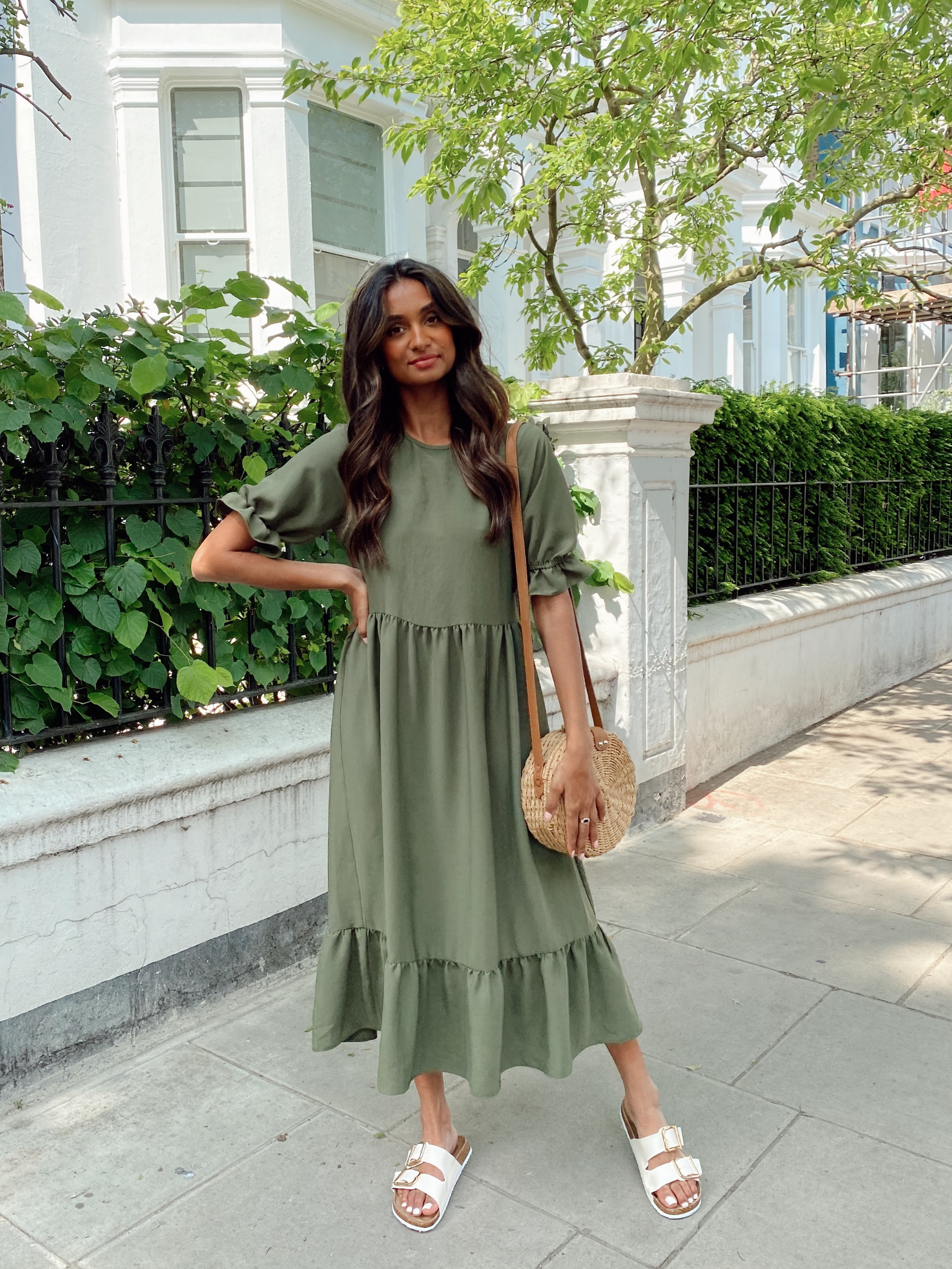 Kaylee Smock Tiered Midi Dress Khaki