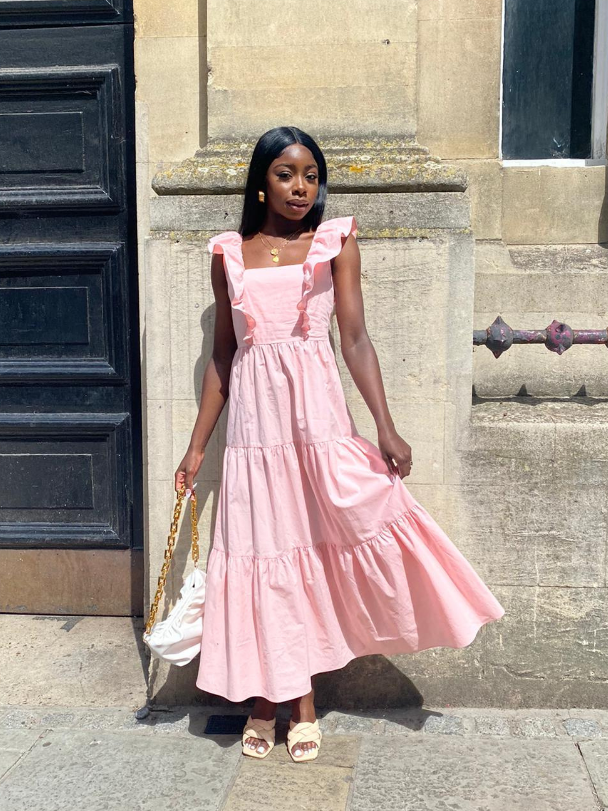 Mollie Pink Cotton Ruffle Tiered Midi Dress