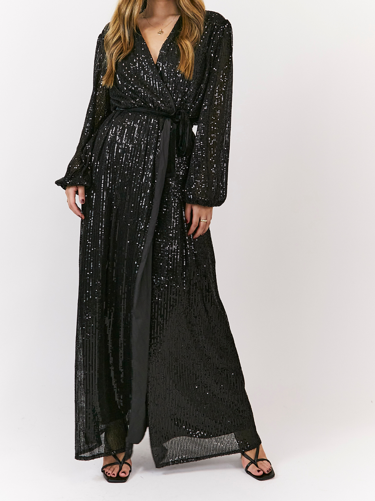 Black Sequin Wrap Maxi Dress | Ria Dress in Black