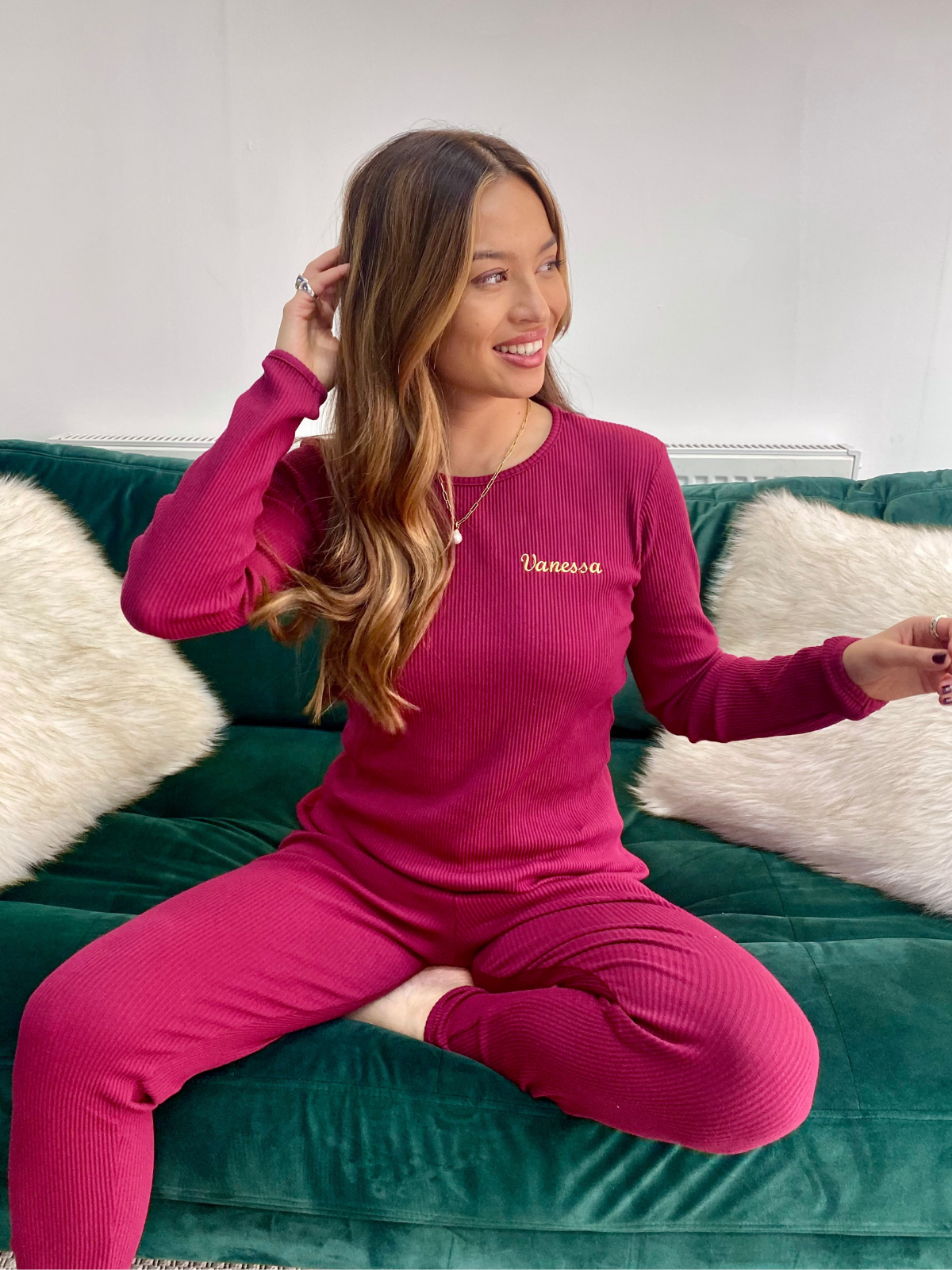 Personalised Womens Ribbed Jersey Loungewear Set / Mulberry