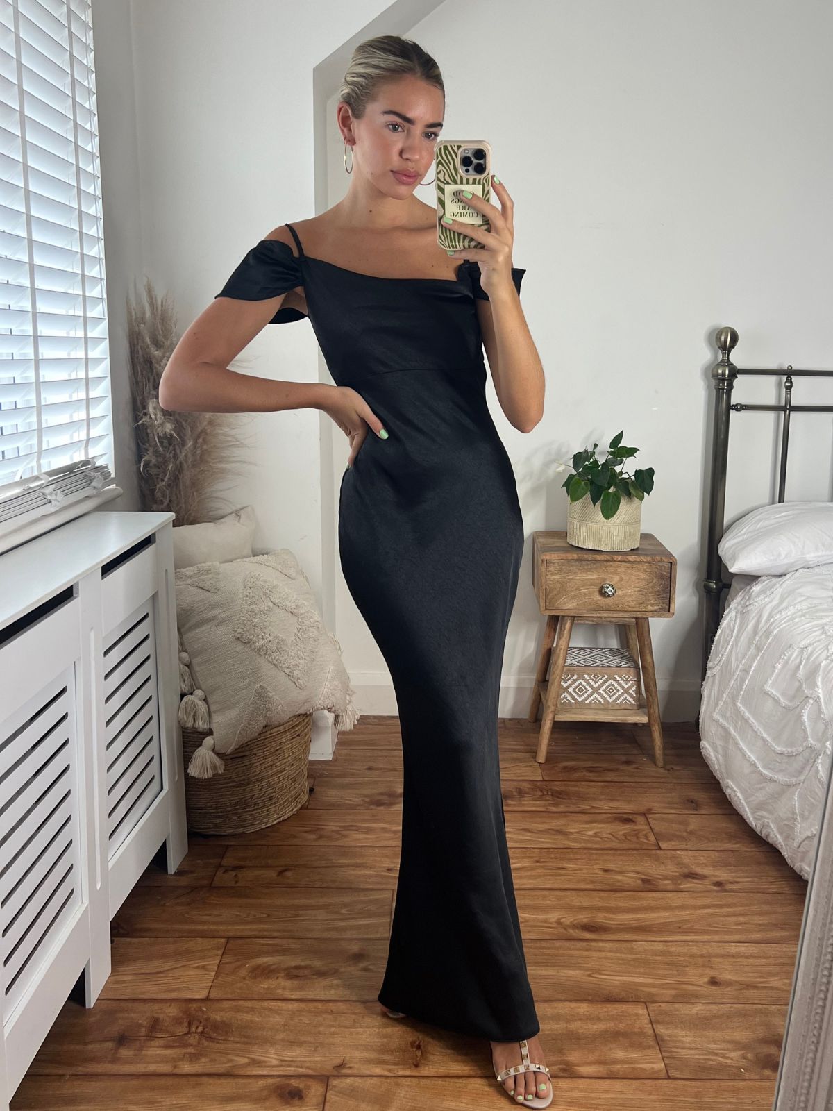 Black Cold Shoulder Satin Maxi Dress