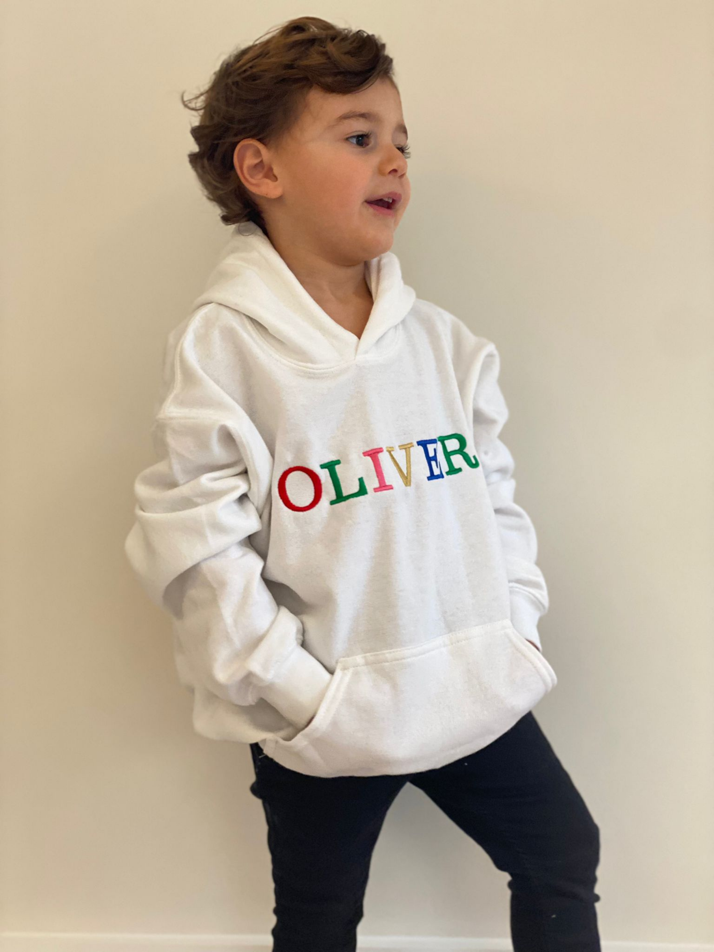 Toby Children's Unisex Multicoloured Text Personalised Hoodie / White