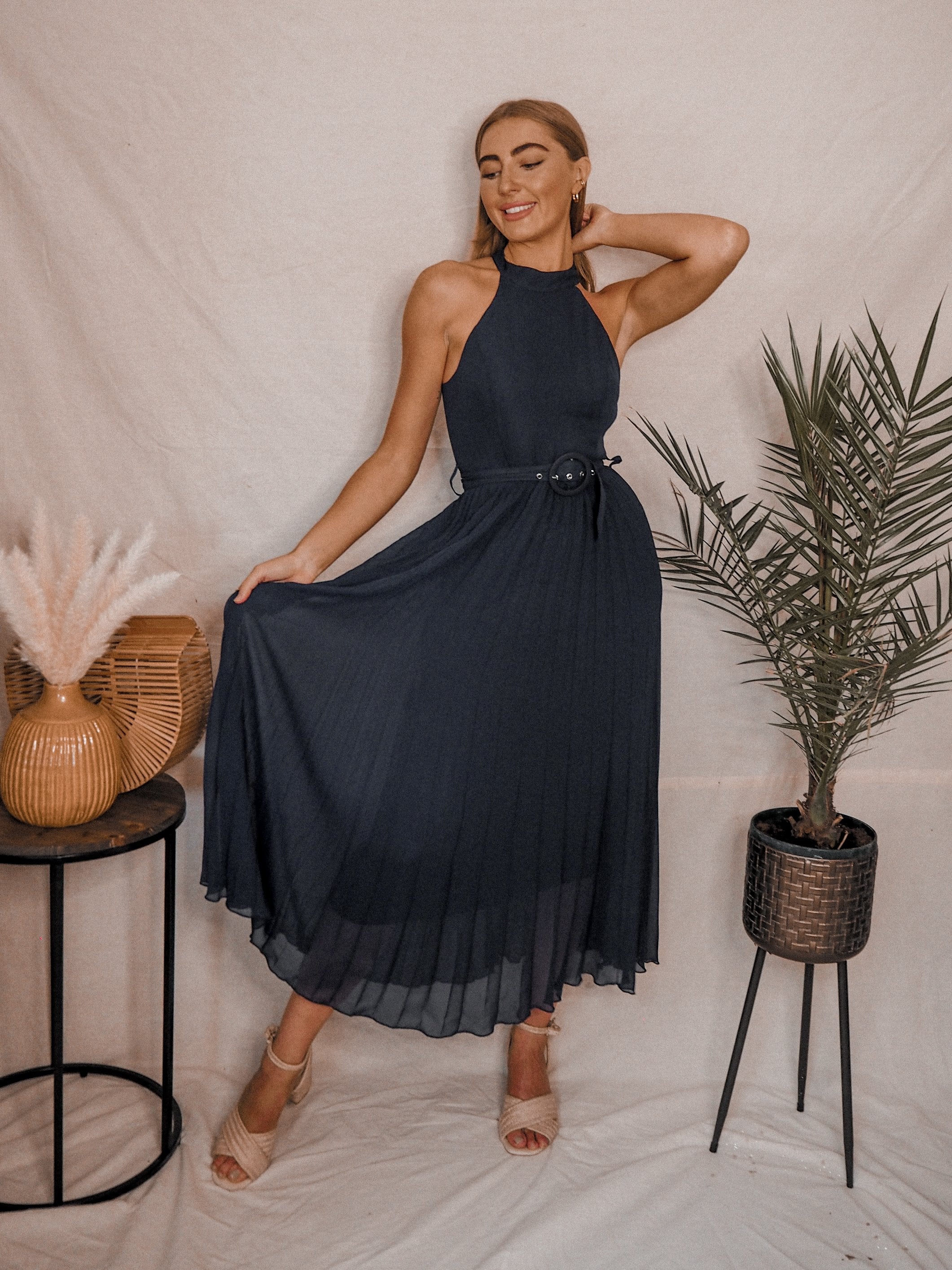 Navy Halter Dress | Luisa Navy Blue Belted Midaxi Dress