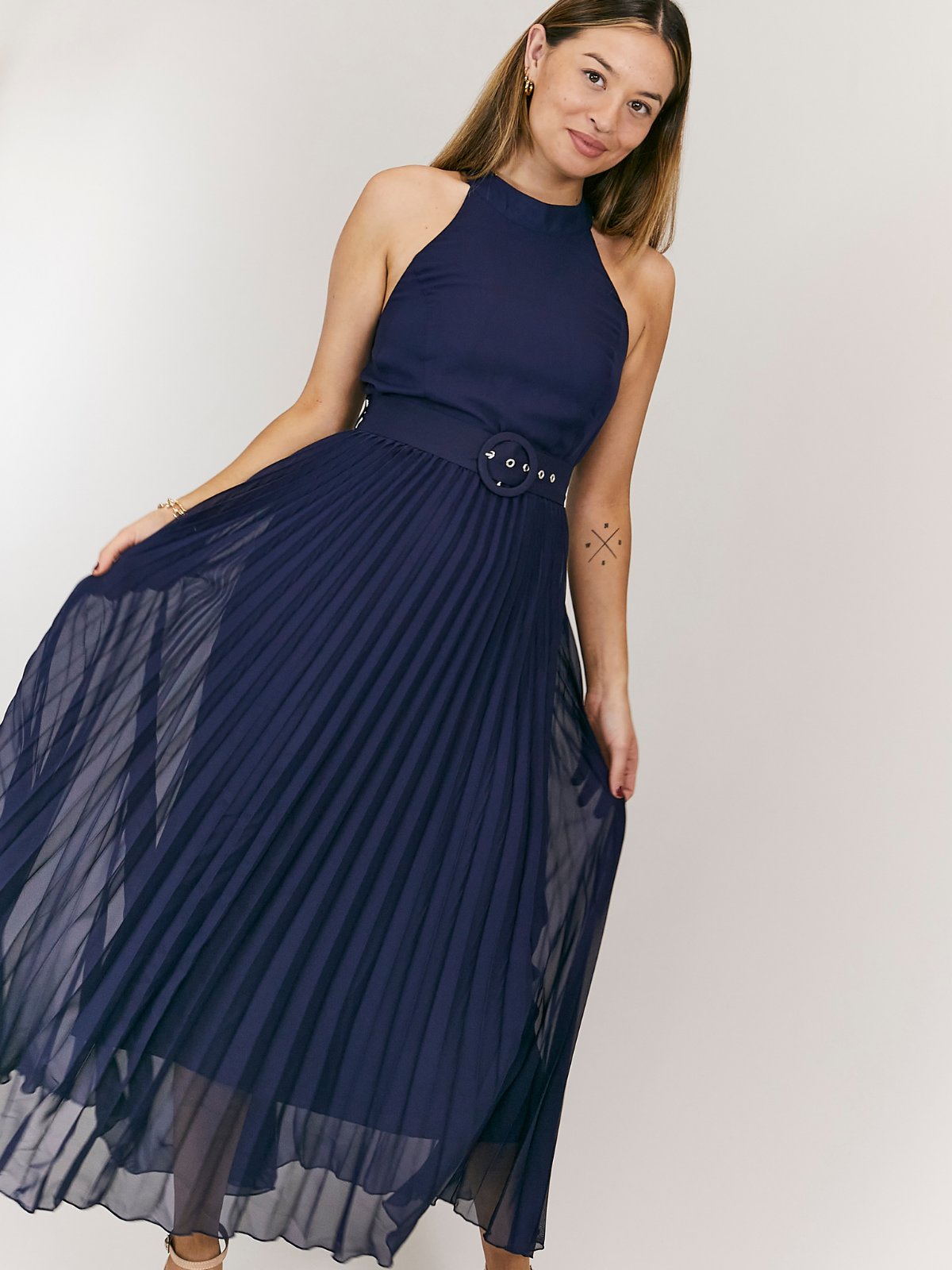 Luisa Belted Pleated Maxi Dress / Navy