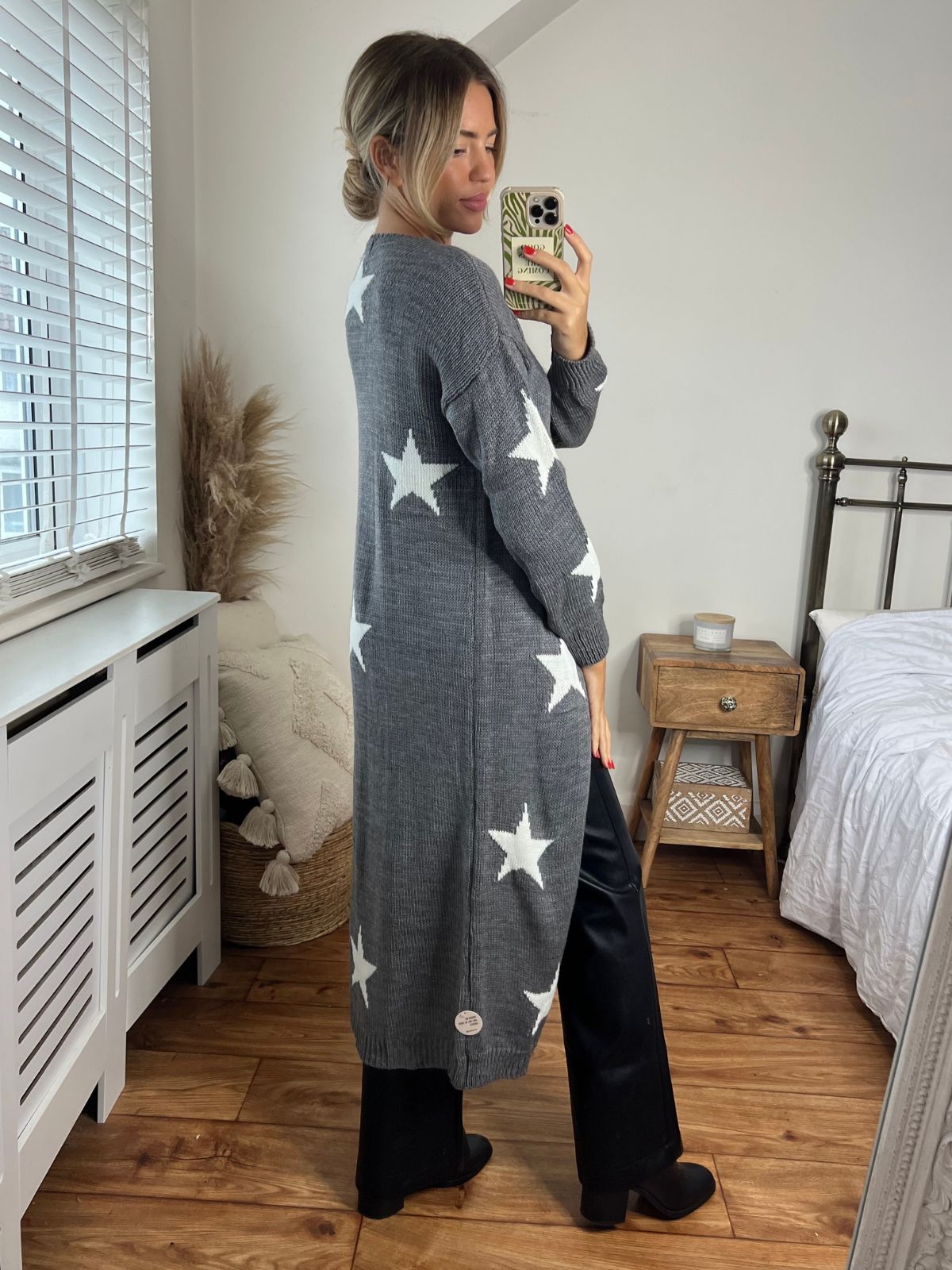 Kaia Star Print Long Cardigan / Grey & White