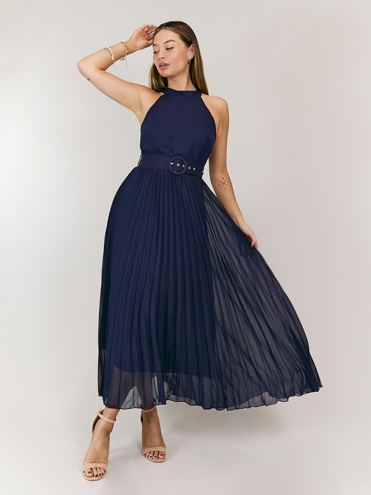 Luisa Belted Pleated Maxi Dress / Navy