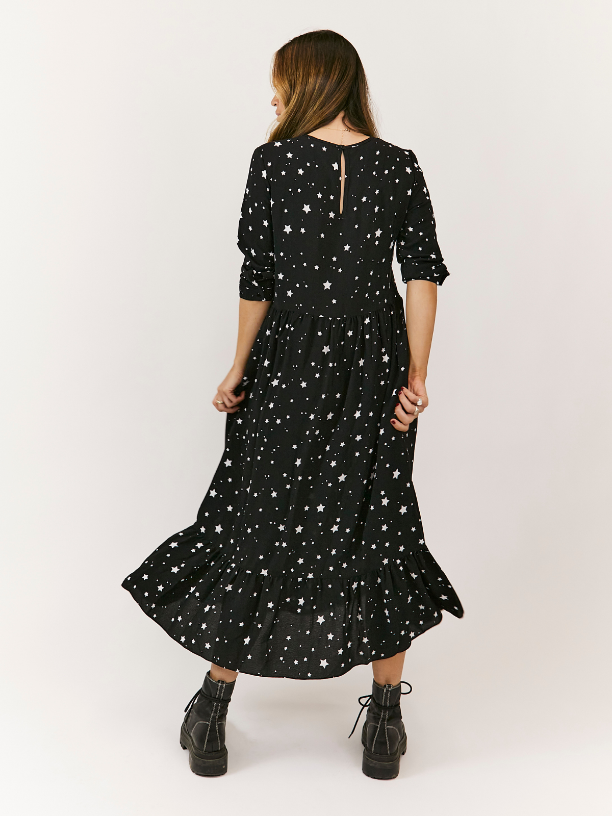Hallie Midi Smock Long Sleeve Dress / Star Print