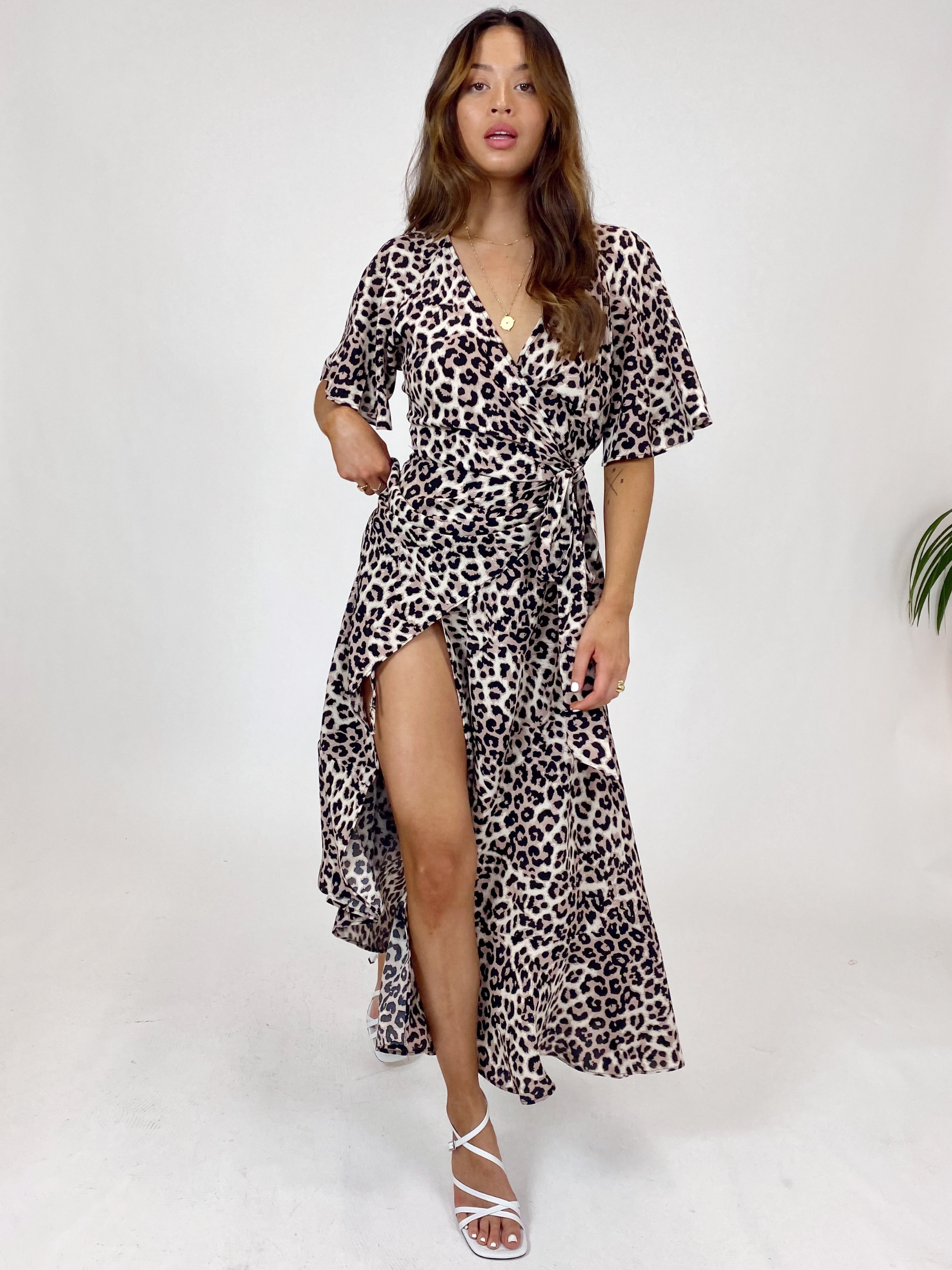 Ophelia Neutral Animal Print Angel Sleeve Wrap Midi Dress
