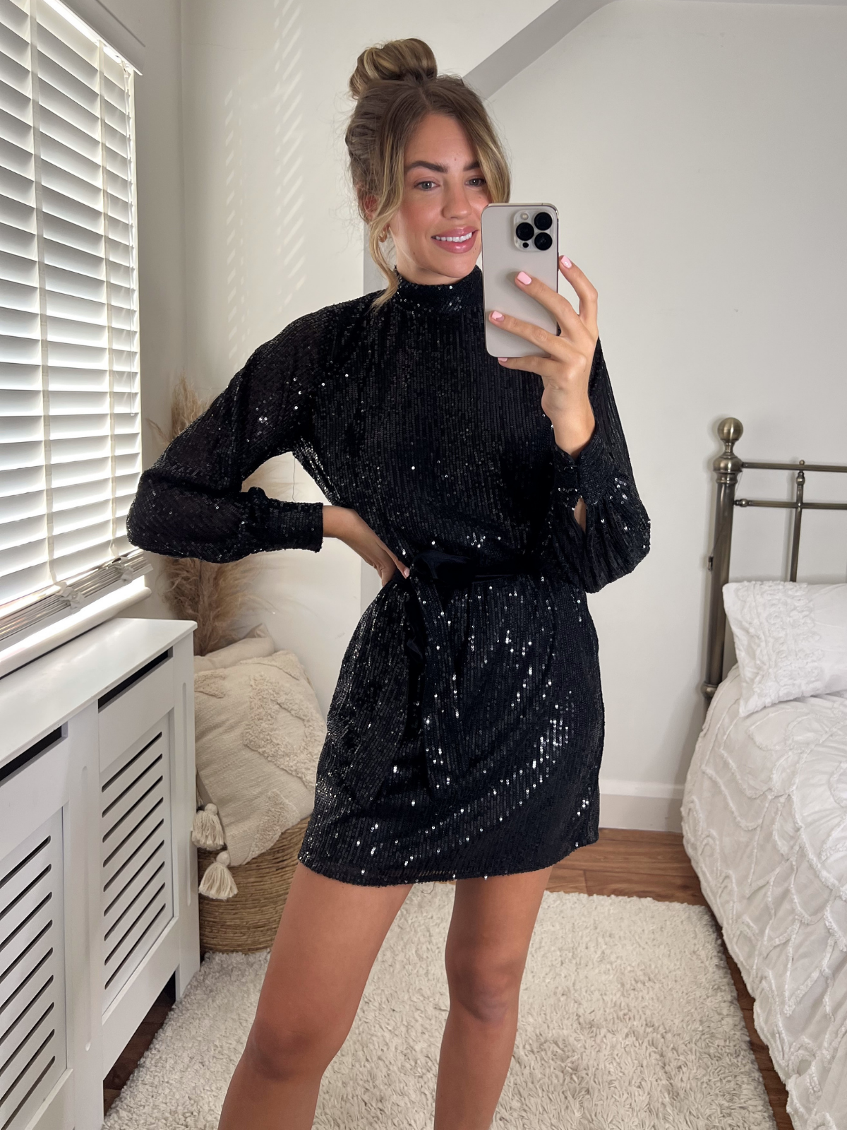 Hannah Sequin High Neck Mini Dress / Black