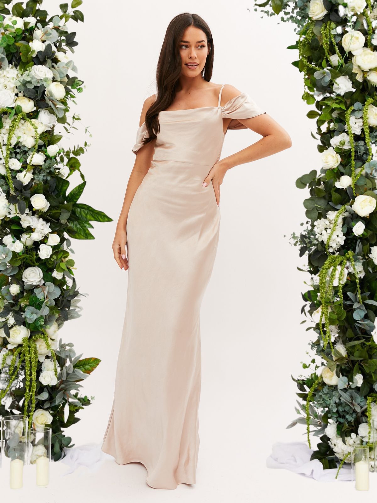 Cowl Neck Maxi Satin Bridesmaid Dress / Champagne