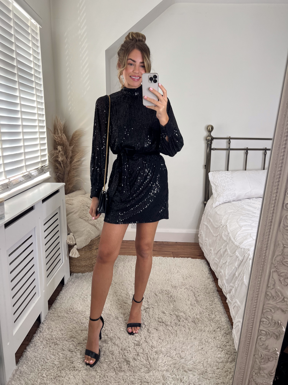 Hannah Sequin High Neck Mini Dress / Black
