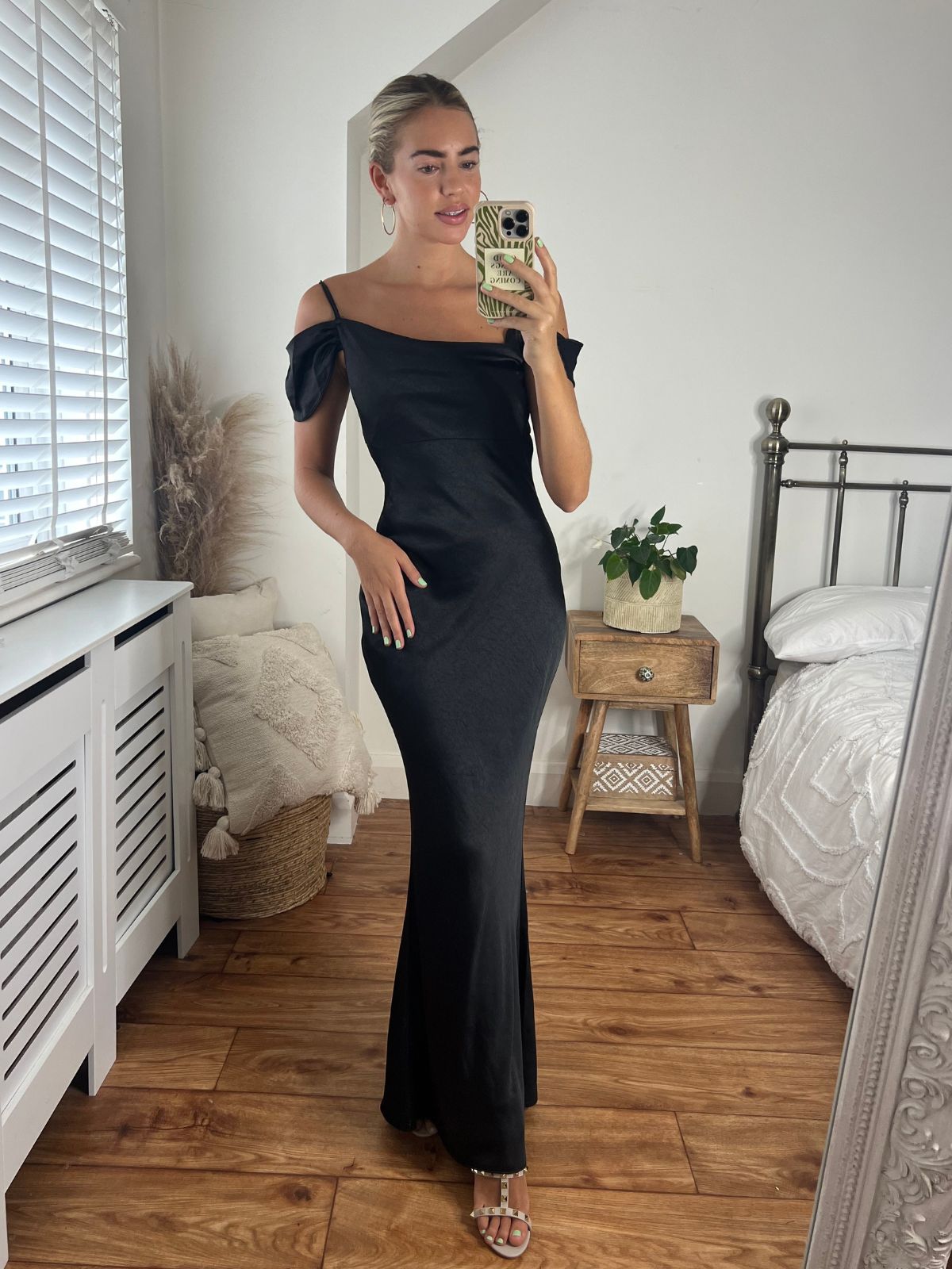 Black Cold Shoulder Satin Maxi Dress