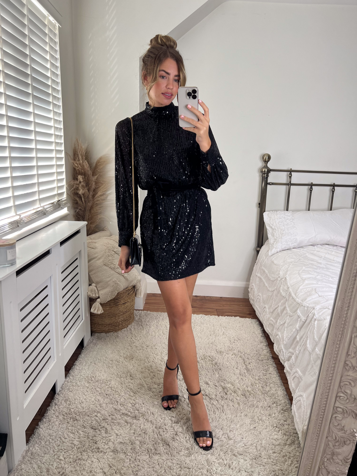 Hannah Sequin High Neck Mini Dress / Black