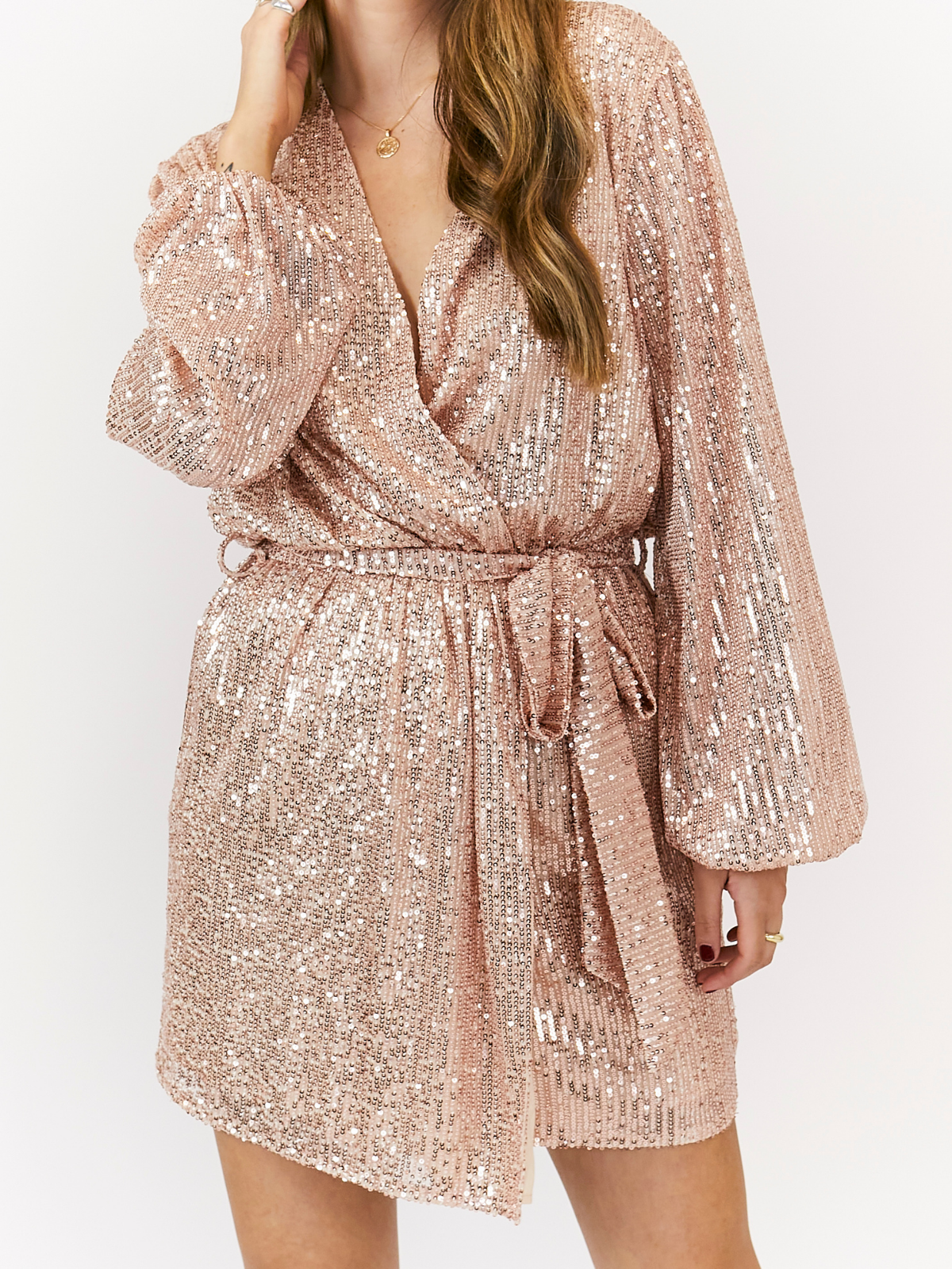 Dani Sequin Wrap Dress / Rose Gold