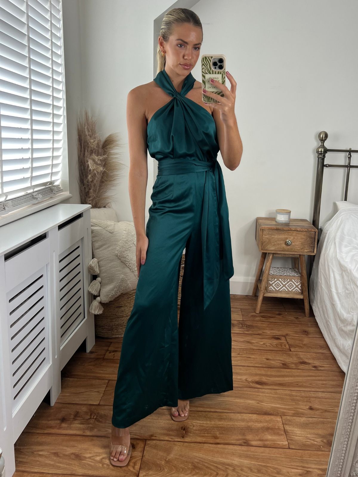 ASYOU satin halter cut out jumpsuit in green