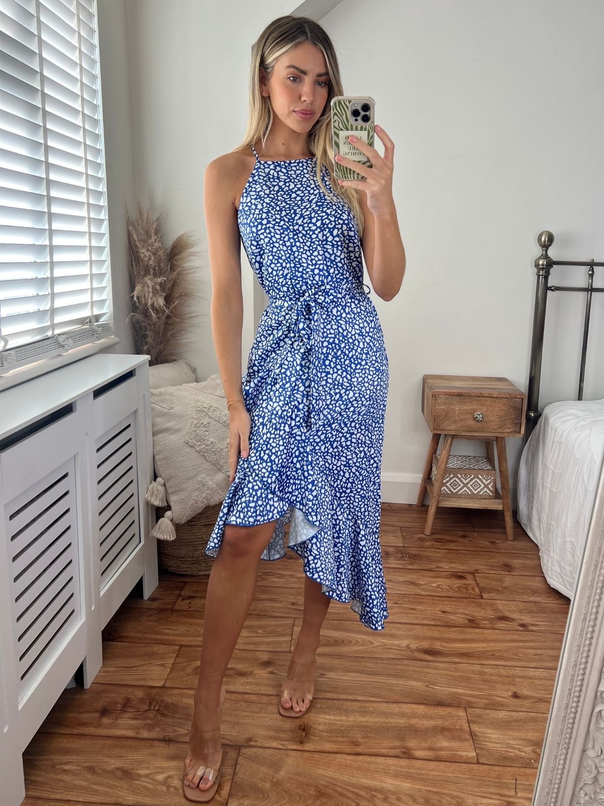 Blue Halter Neck Dress | Ariana Frill Dress in Blue Pebble