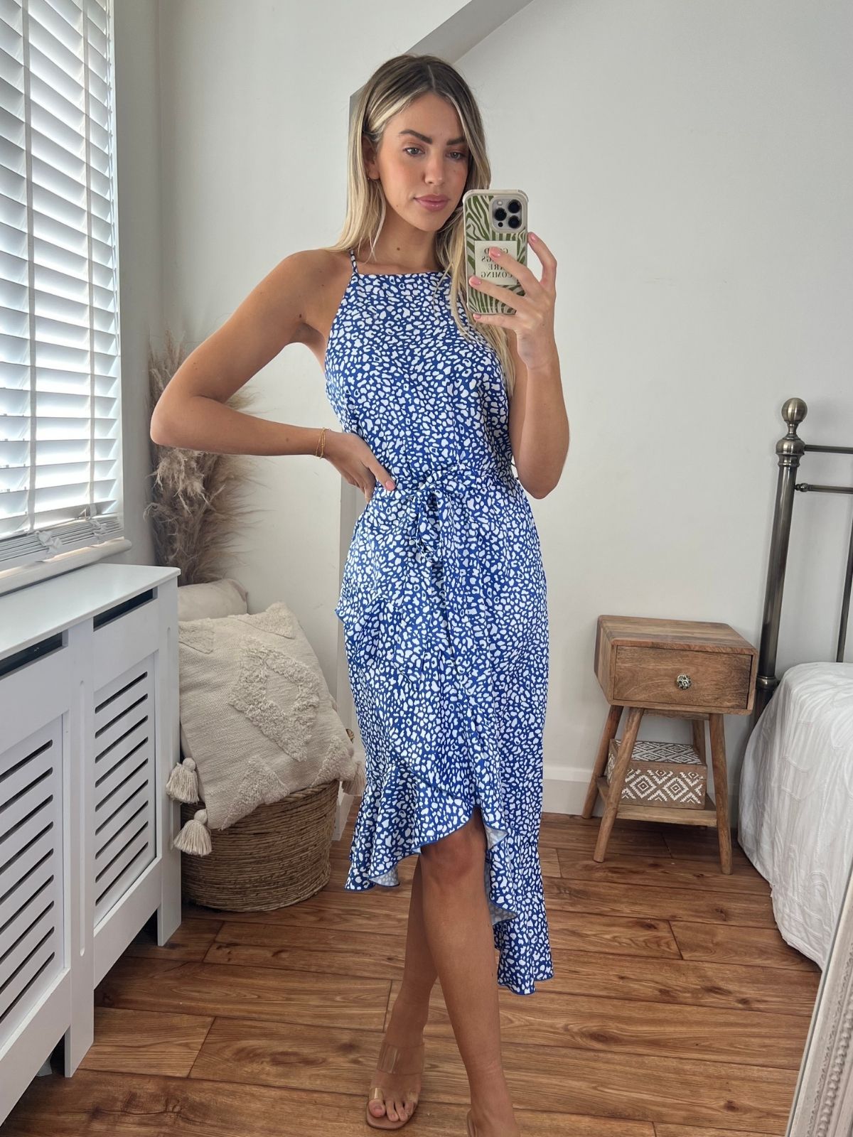Blue Halter Neck Dress | Ariana Frill Dress in Blue Pebble