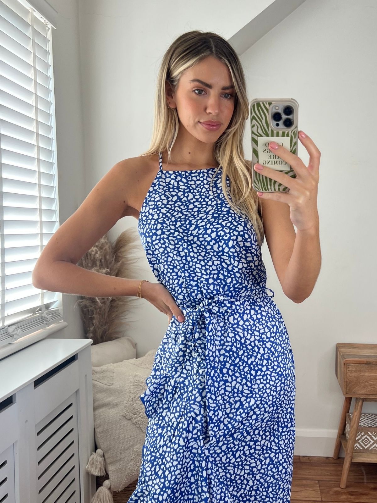 Blue Halter Neck Dress | Ariana Frill Dress in Blue Pebble