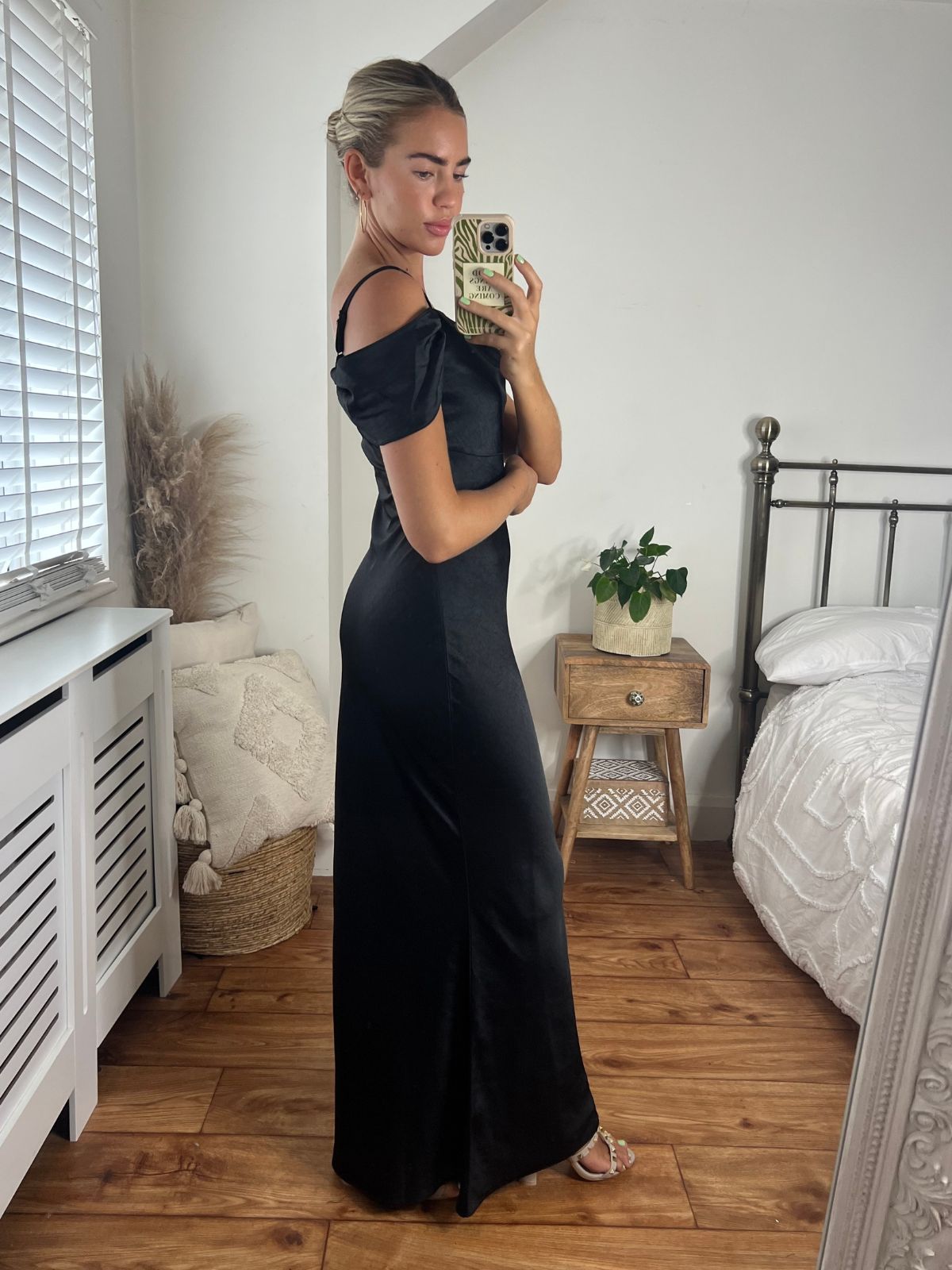 Black Cold Shoulder Satin Maxi Dress