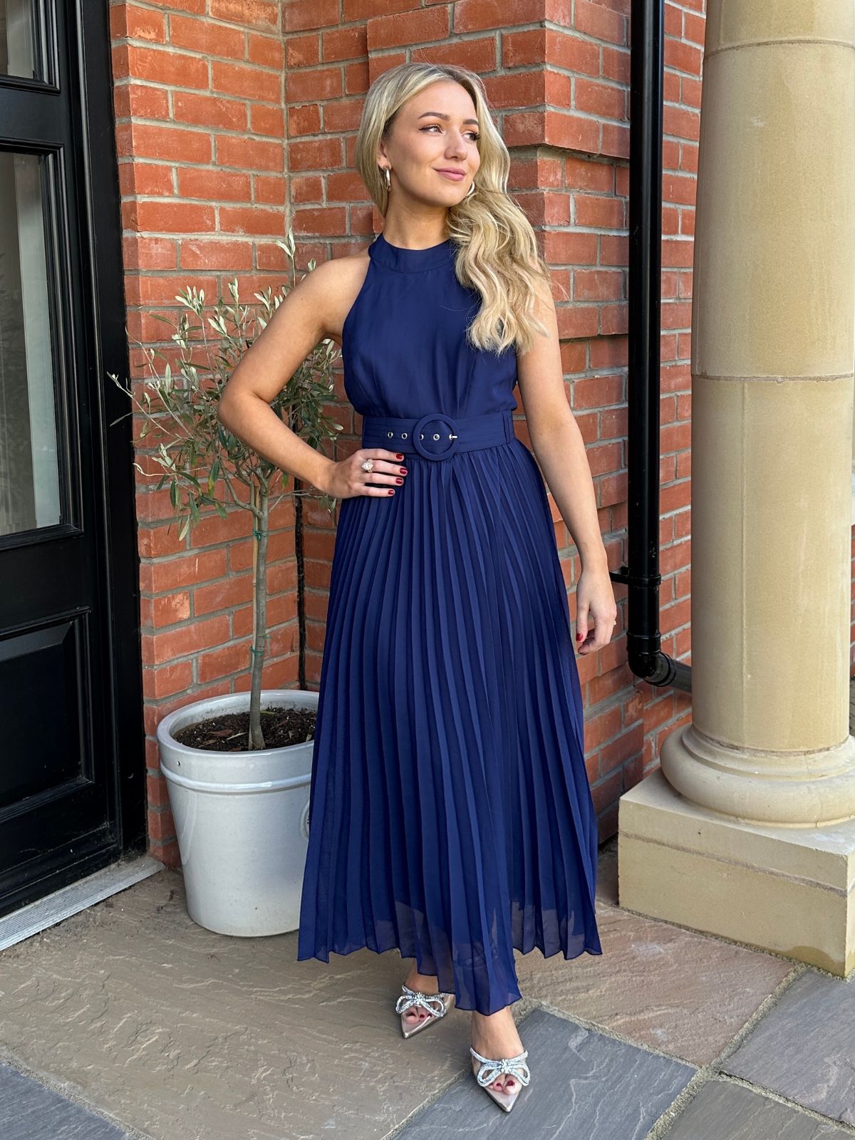 Petite Blue Maxi Dress | Luisa Belted Pleated Maxi Dress in Navy