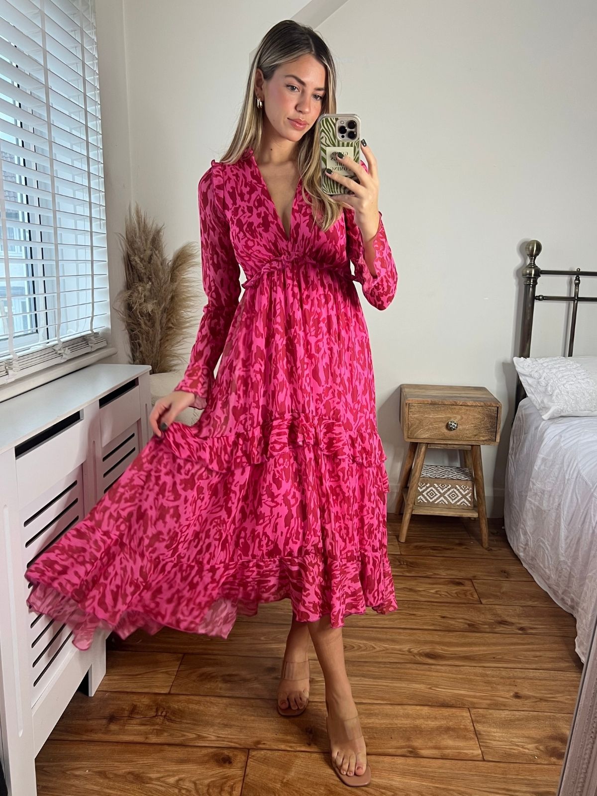 Pink and Red Midi Dress | Birdie Frill Tie Back Dress
