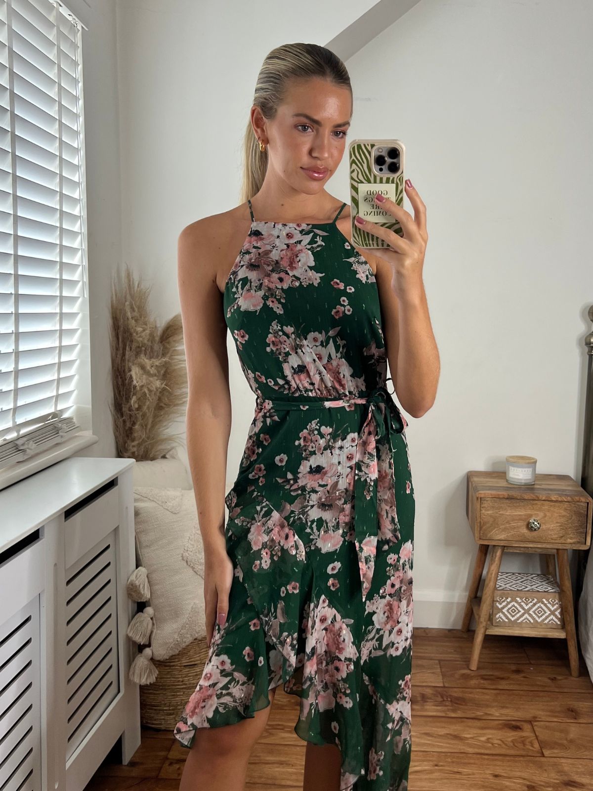 Green Floral Halter Frill Chiffon Dress