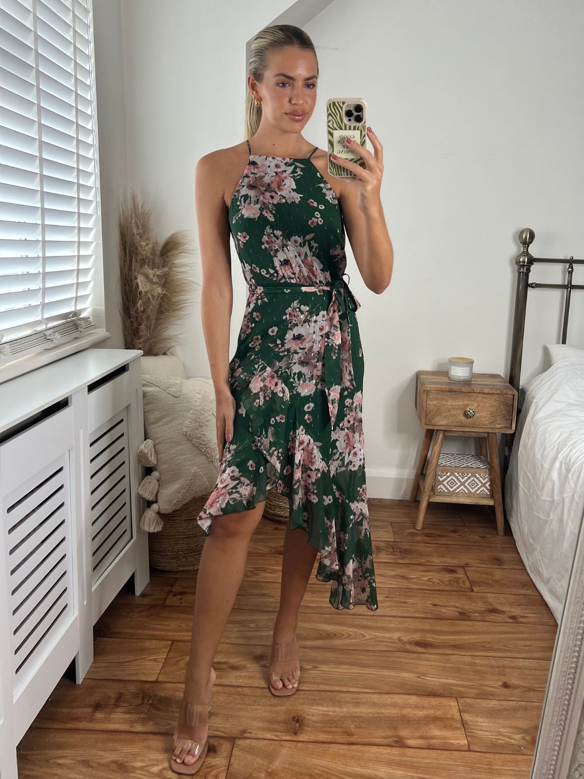 Ariana Halter Frill Dress / Chiffon Green Floral