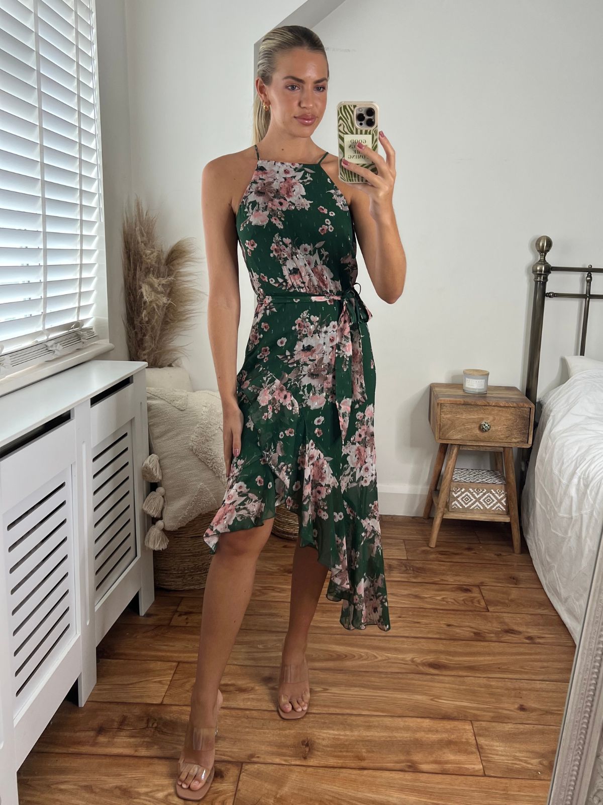 Green Floral Halter Frill Chiffon Dress