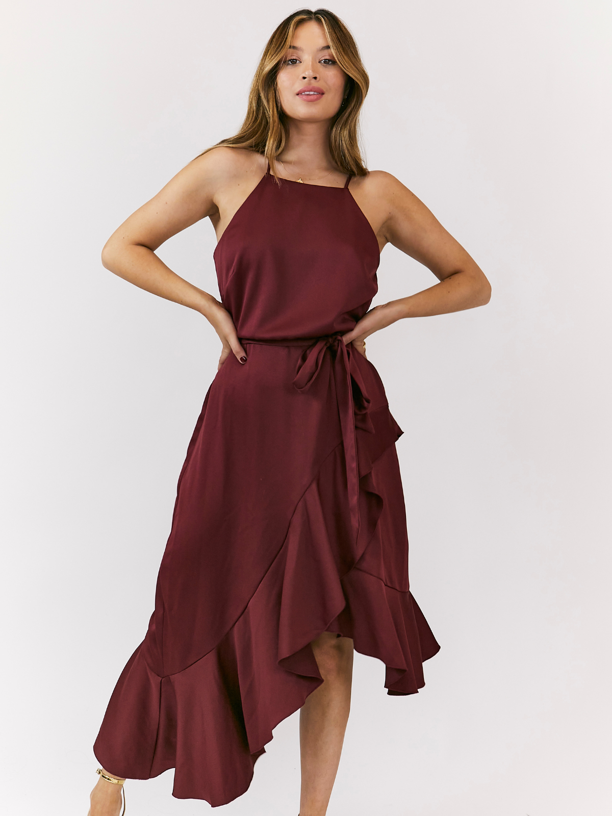 Ariana Halter Frill Dress / Mulberry Red