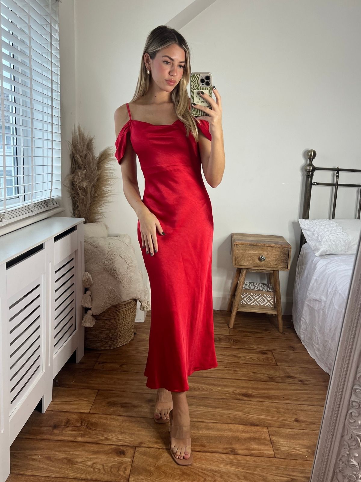 Melanie Cold Shoulder Midi Slip Dress / Red