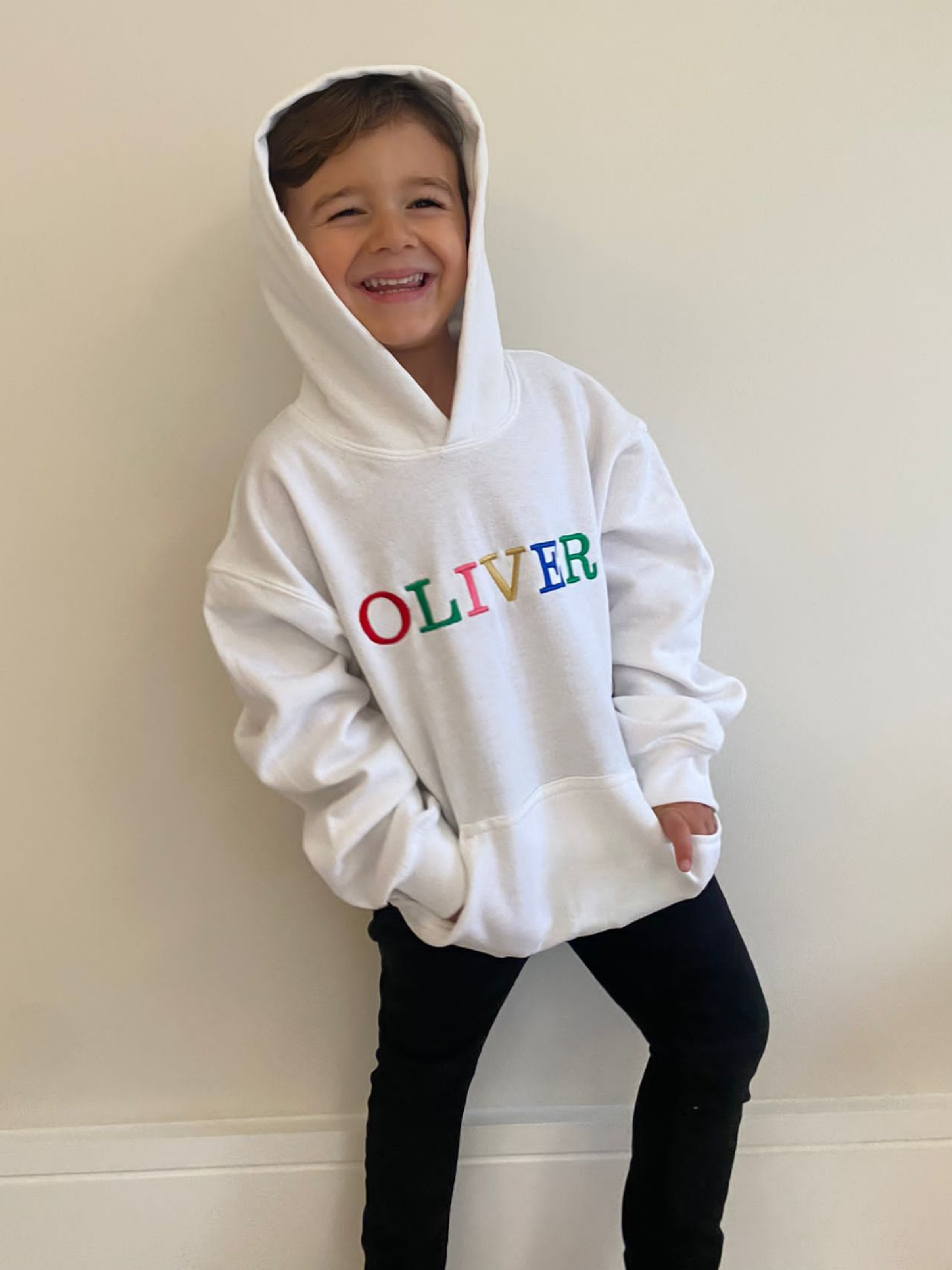 Toby Children's Unisex Multicoloured Text Personalised Hoodie / White