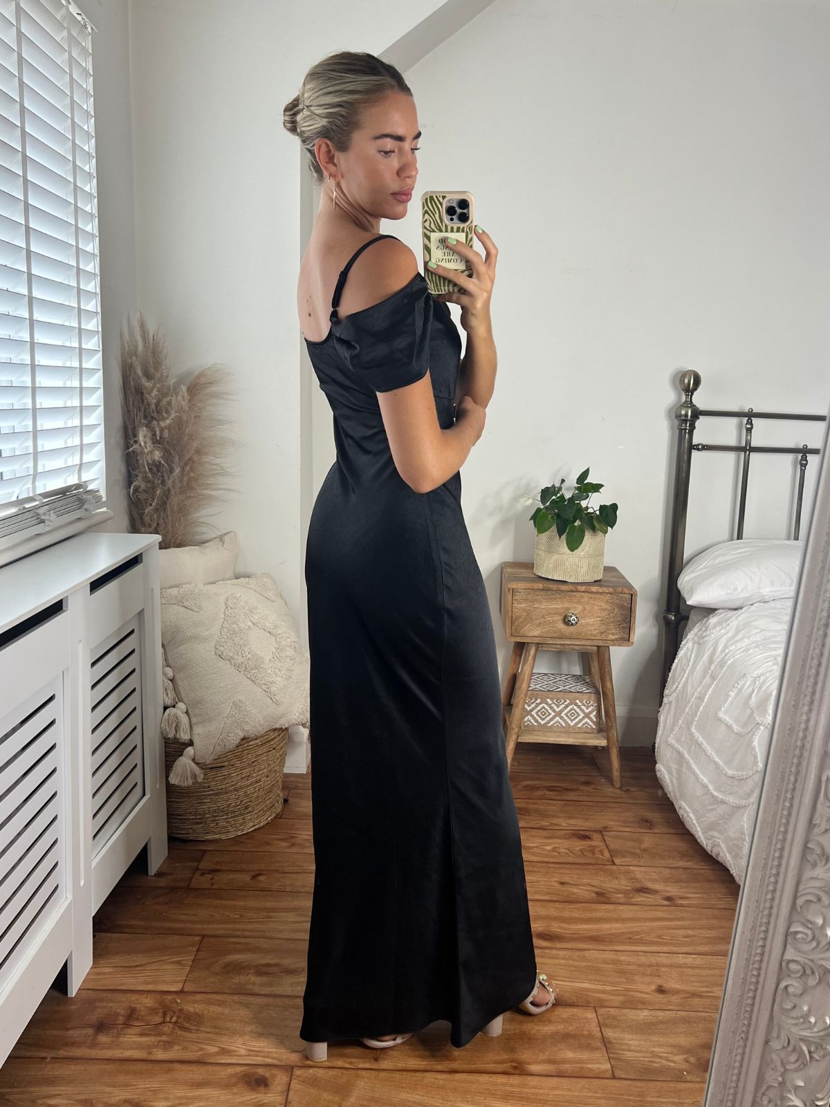 Black Cold Shoulder Satin Maxi Dress