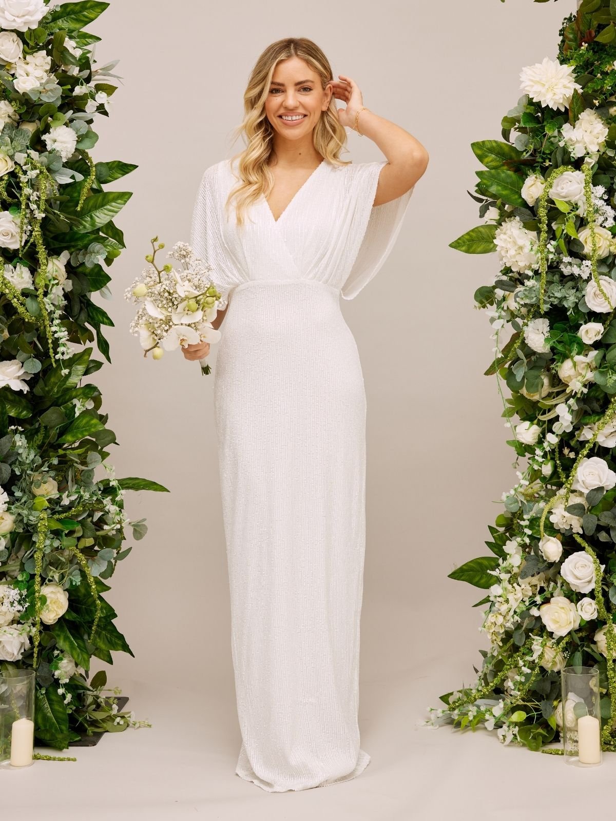 Angel Sleeve Sequin Maxi Bridal Dress White Sequin – Style Cheat