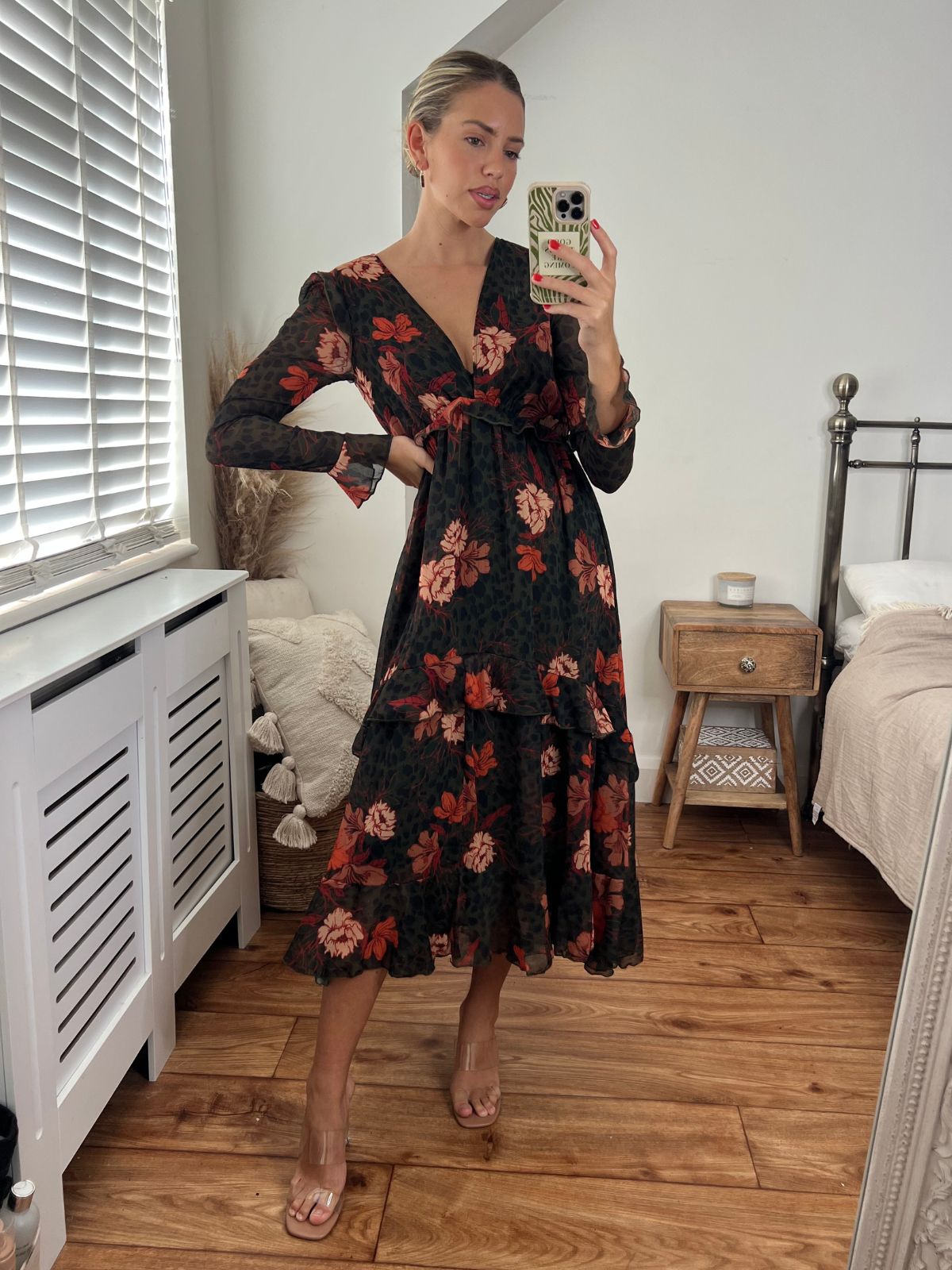 Dark Floral Dress | Birdie Frill Tie Back Dress in Orange and Khaki