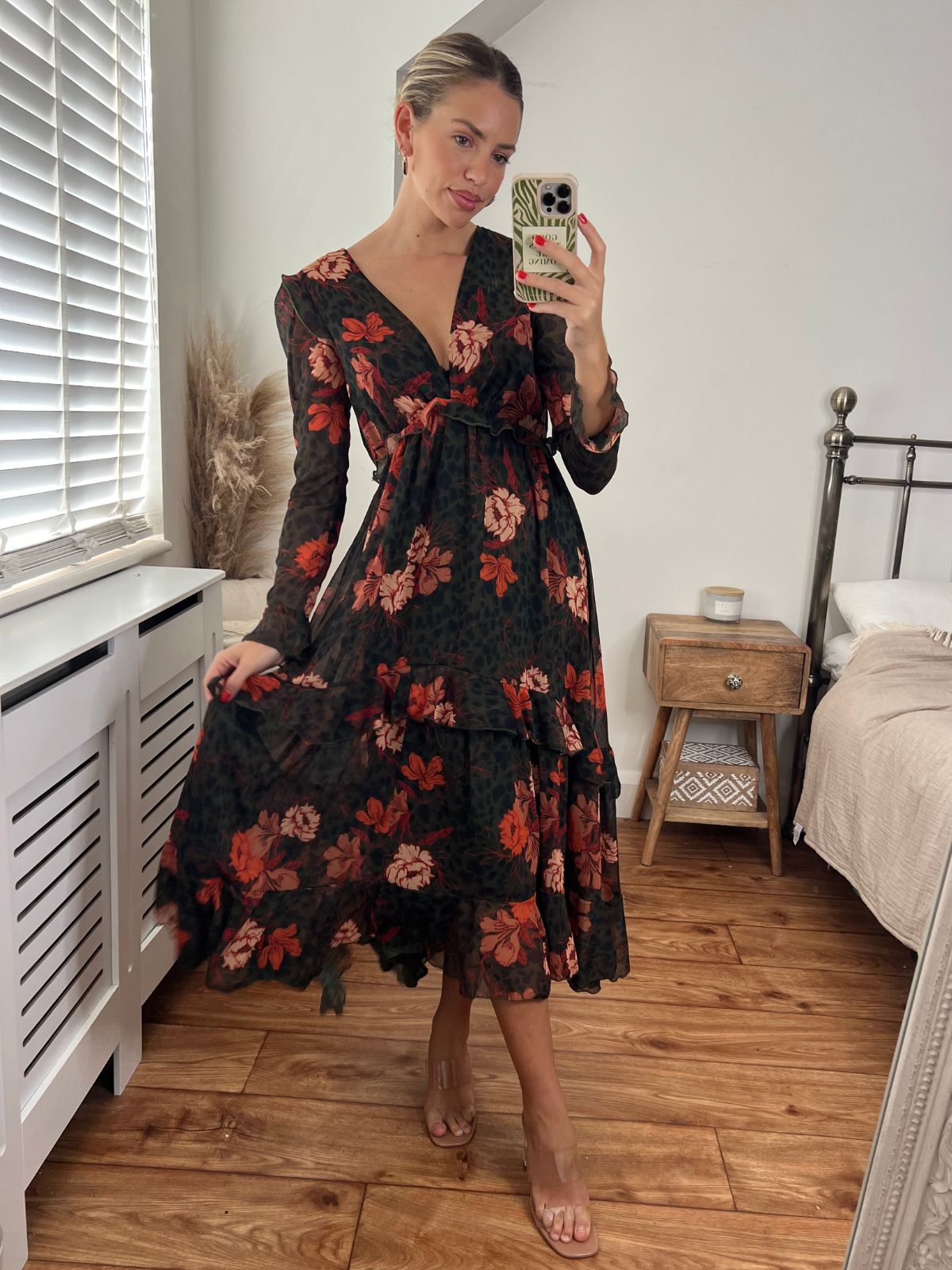 Birdie Frill Tie Back Dress / Orange and Khaki Floral