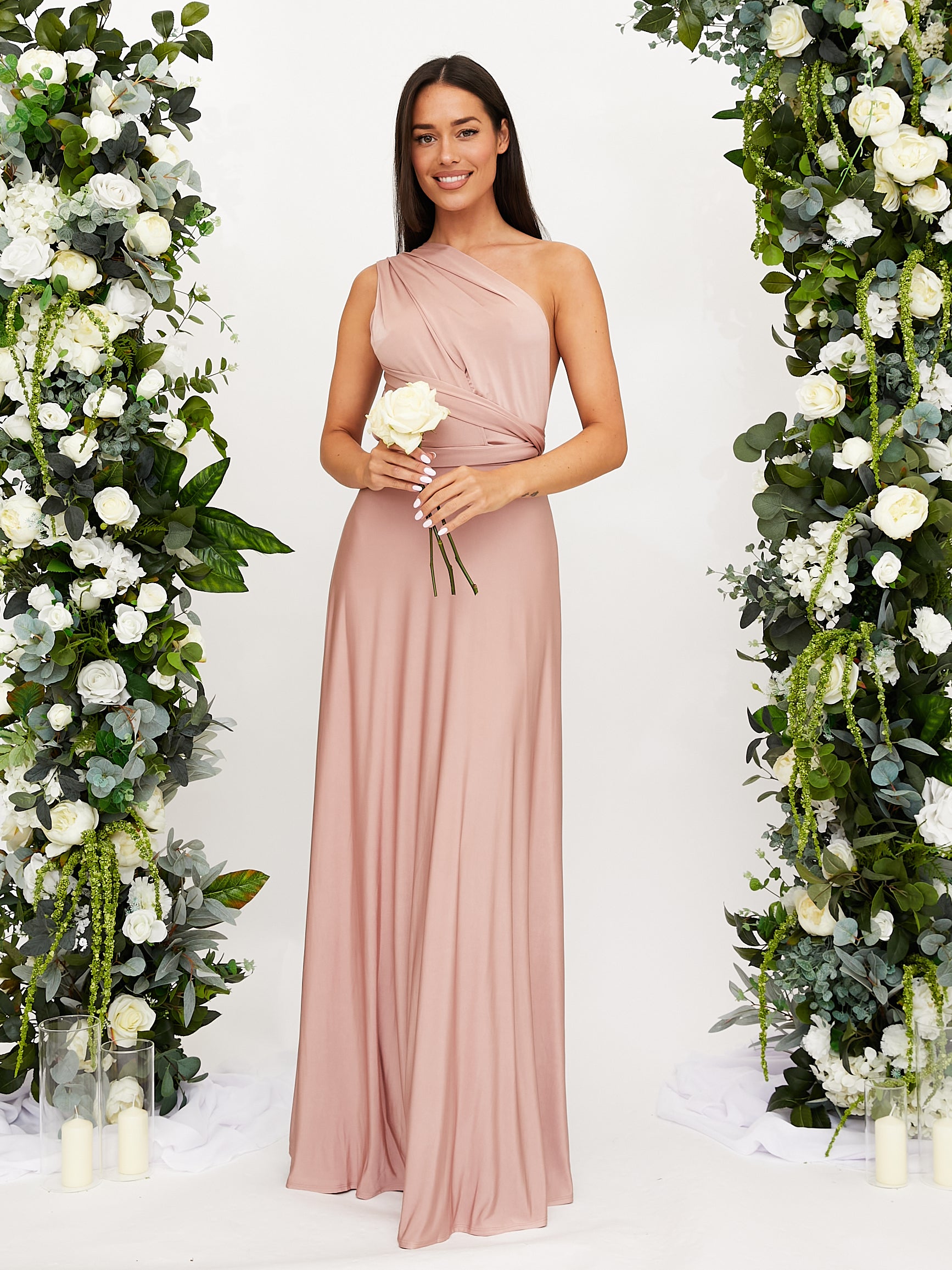 Pink Multiway Bridesmaid Dress | Slinky Maxi Dress in Blush – Style Cheat