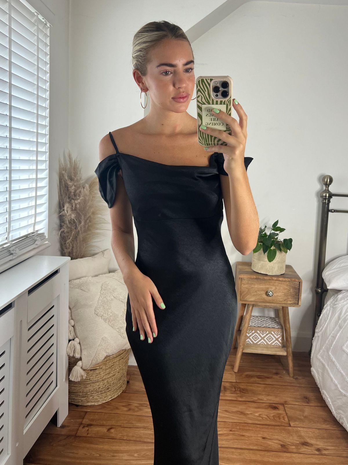 Black Cold Shoulder Satin Maxi Dress