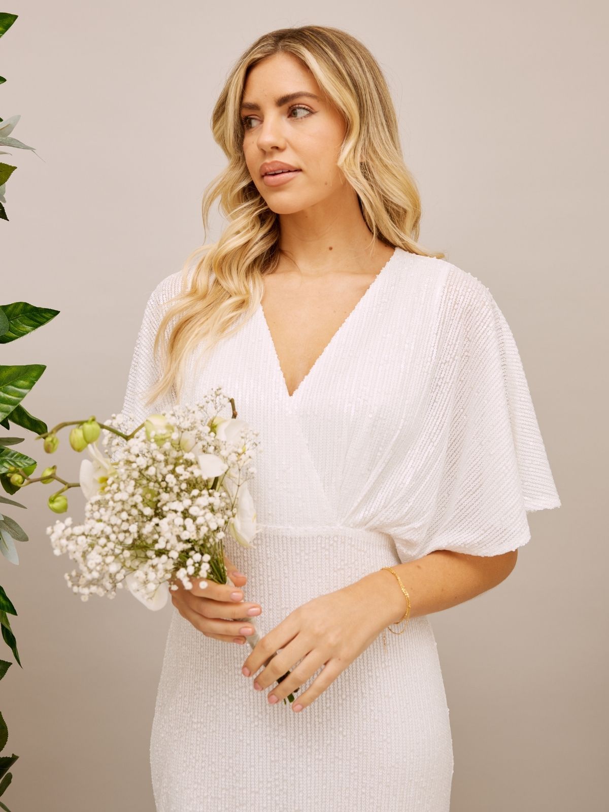 Angel Sleeve Sequin Maxi Bridal Dress / White Sequin