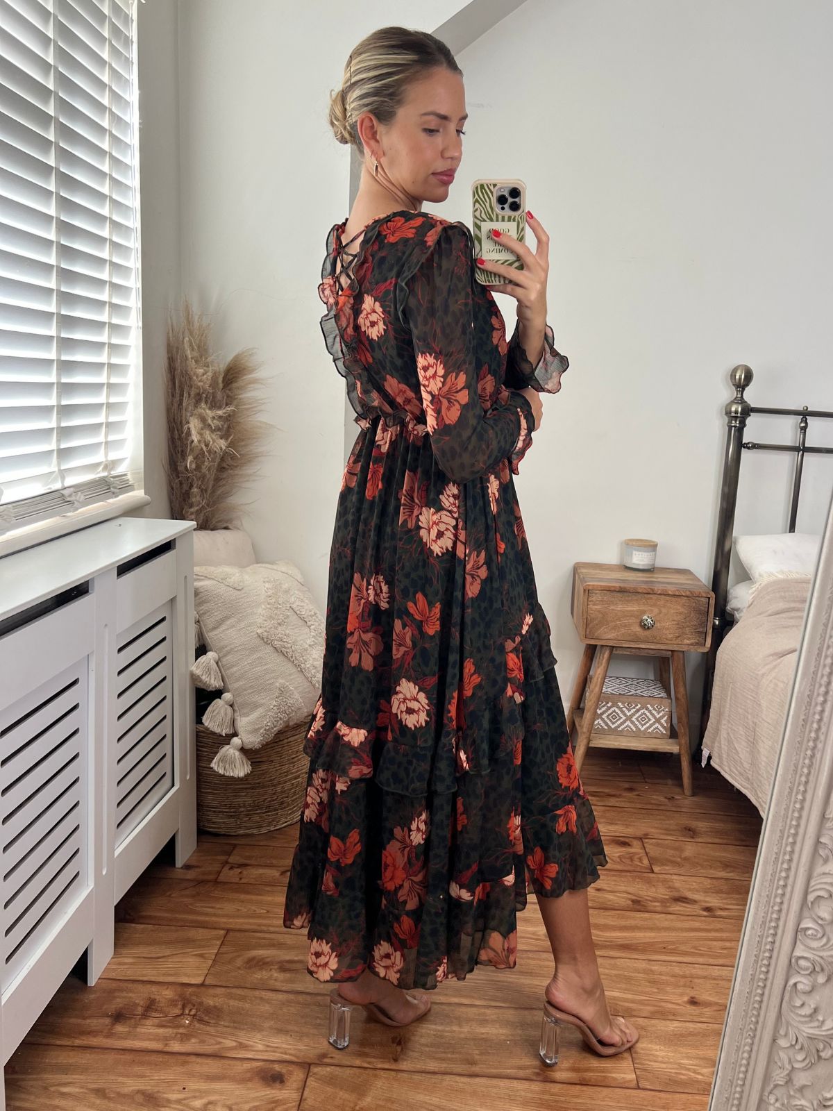 Dark Floral Dress | Birdie Frill Tie Back Dress in Orange and Khaki