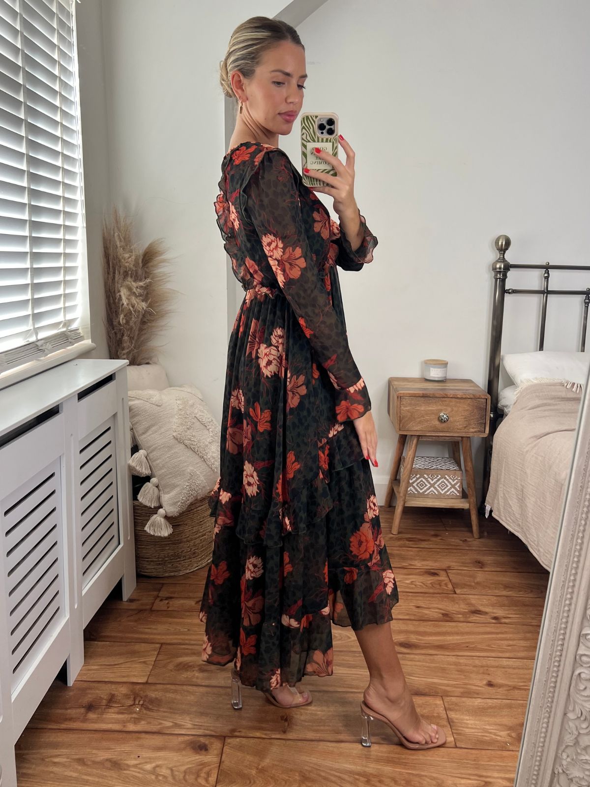 Dark Floral Dress | Birdie Frill Tie Back Dress in Orange and Khaki