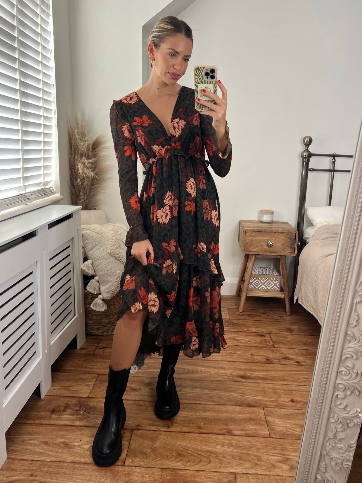 Dark Floral Dress | Birdie Frill Tie Back Dress in Orange and Khaki